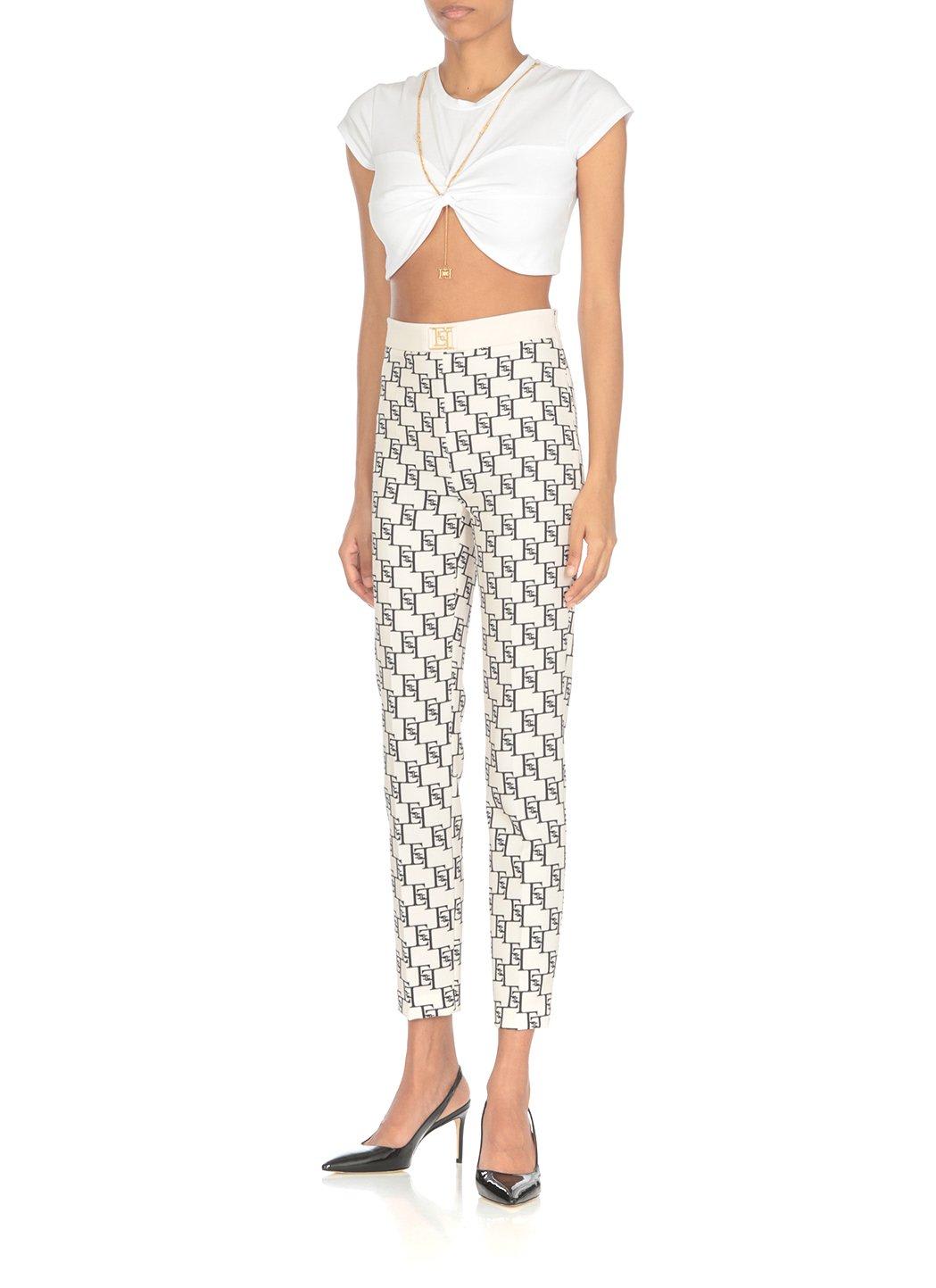 Shop Elisabetta Franchi Logo Plaque Monogram Trousers In Yellow Cream