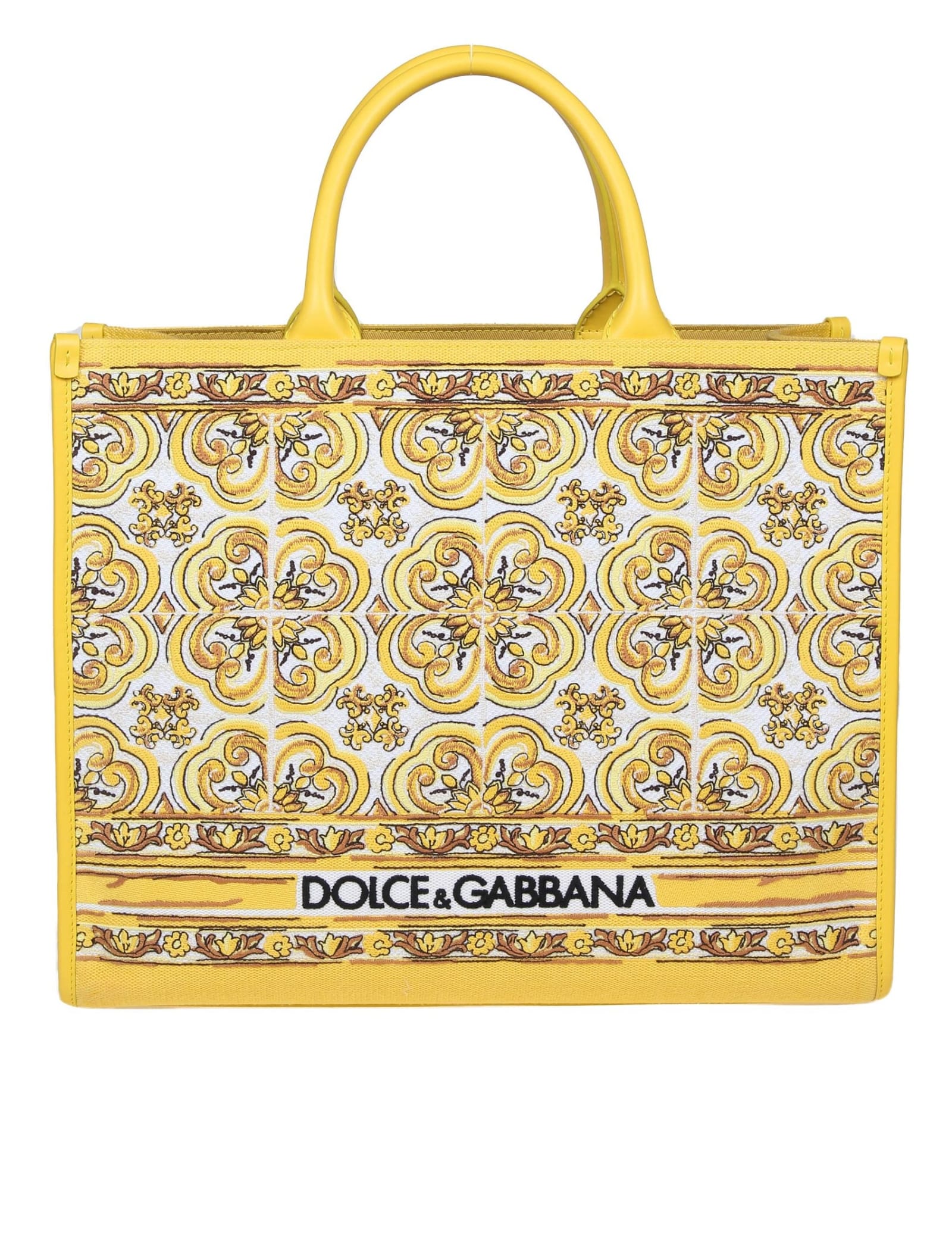 Shop Dolce & Gabbana Shopping Shop In Fabric With Embroidered Maiolica Print In Yellow