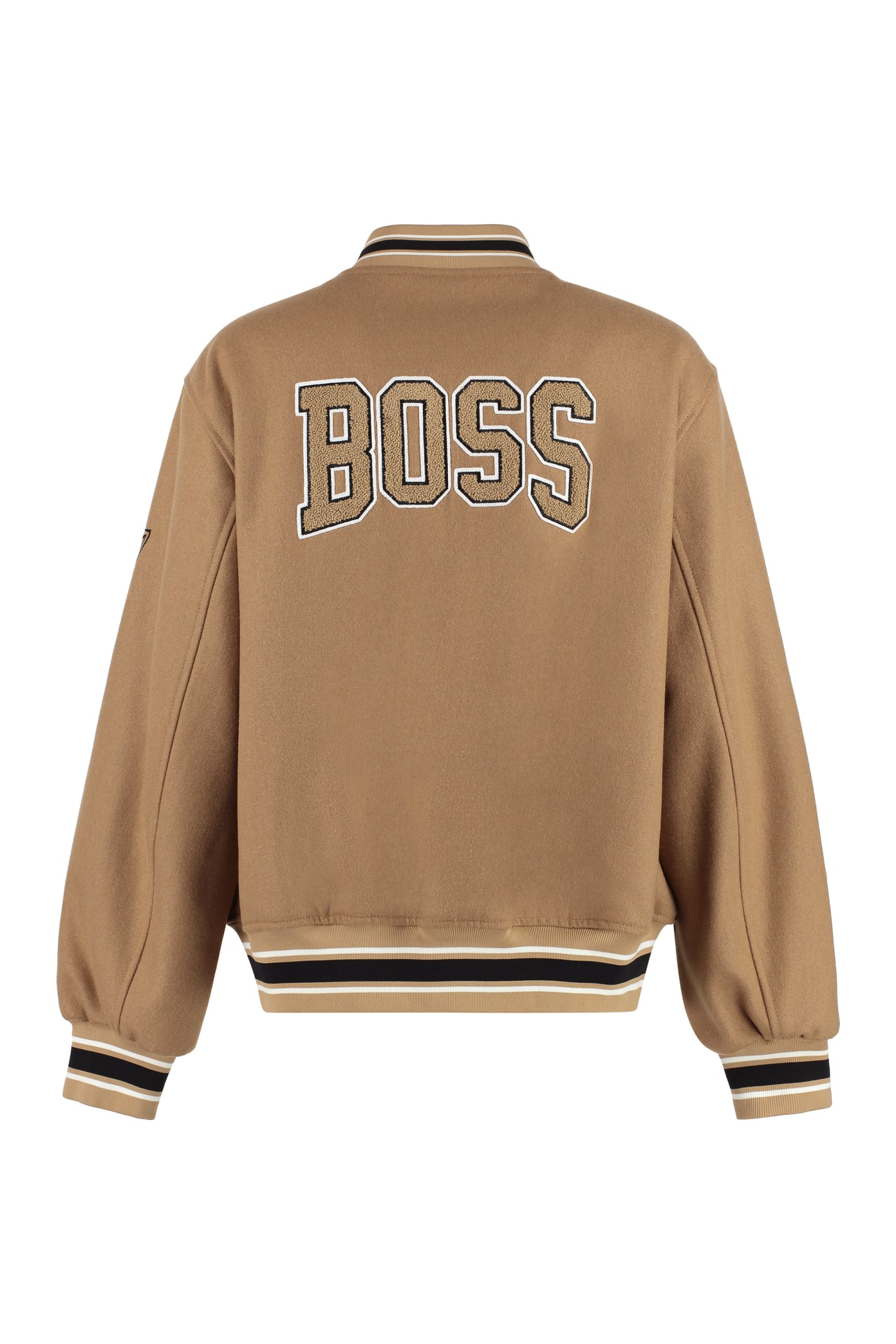 Shop Hugo Boss Wool Bomber Jacket With Patch In Brown