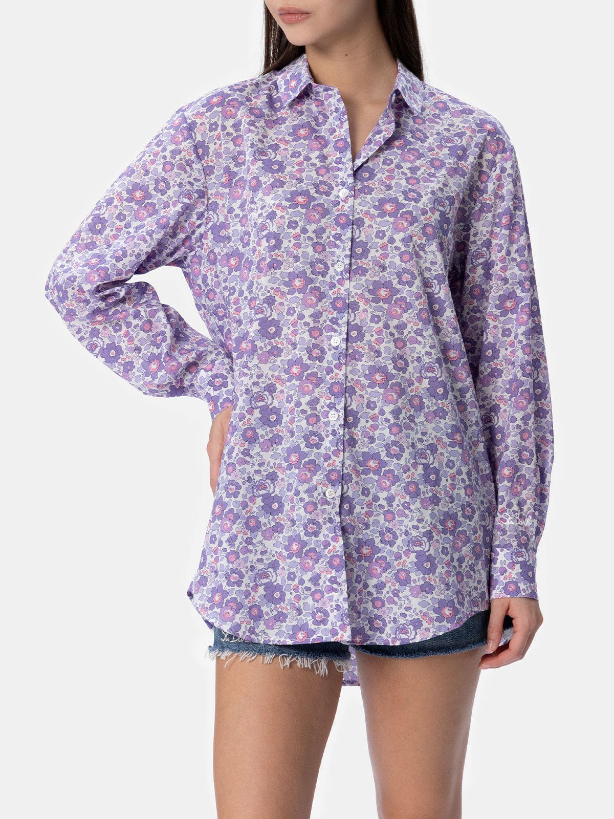 Shop Mc2 Saint Barth Woman Cotton Shirt Brigitte With Betsy Print Made With Liberty Fabric In Lilac