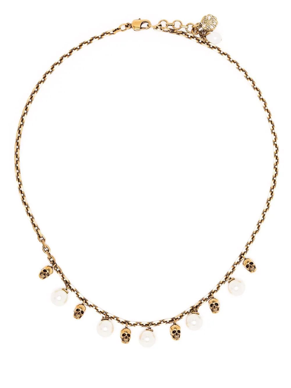 Alexander Mcqueen Pearly Skull Necklace In Antiqued Gold