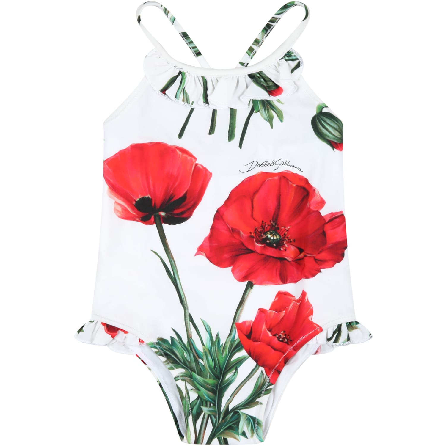 DOLCE & GABBANA WHITE SWIMSUIT FOR BABY GIRL WITH POPPIES AND LOGO