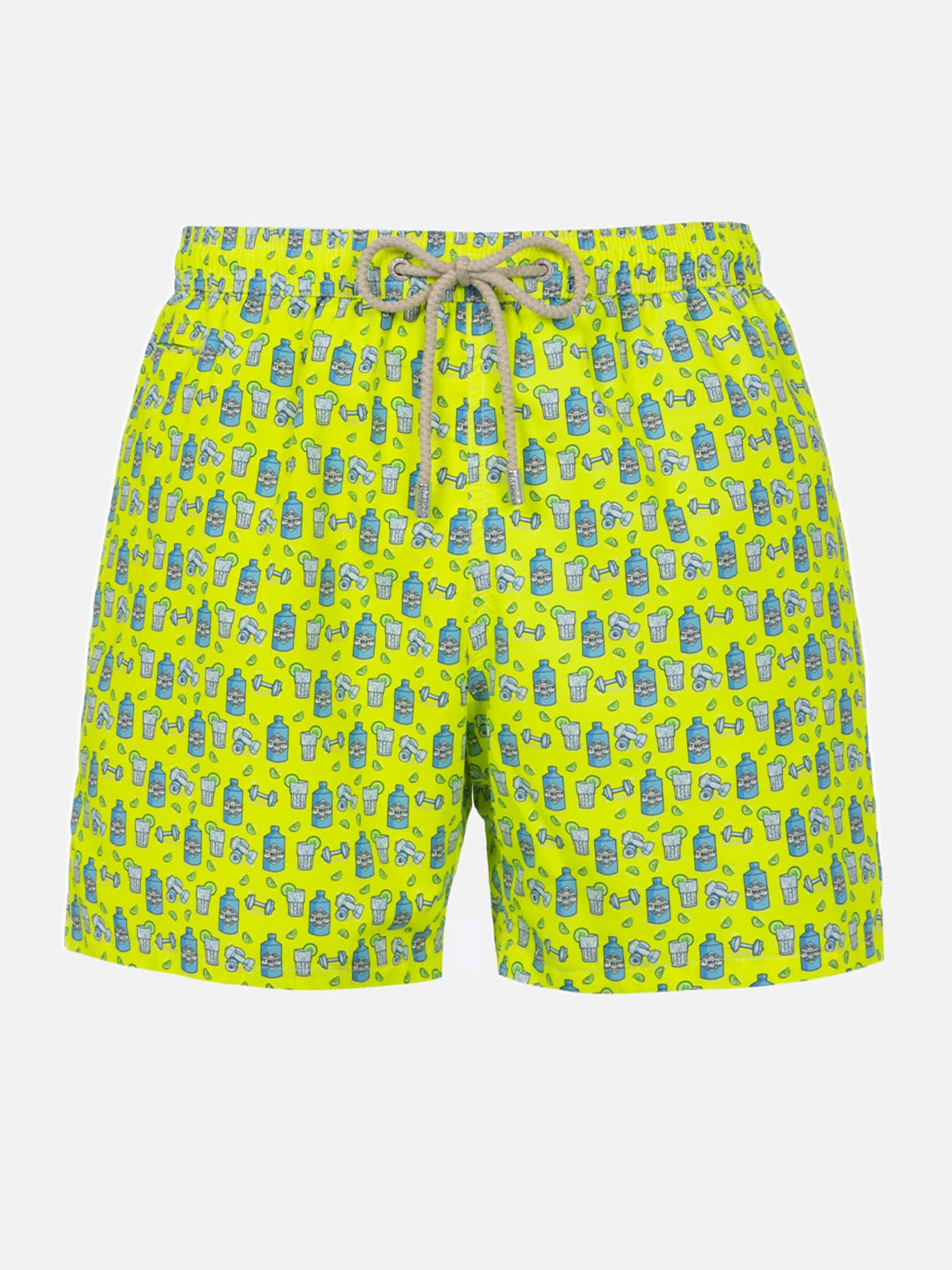 Mc2 Saint Barth Man Lightweight Fabric Swim-shorts Lighting Micro Fantasy With Gym And Gin Print In Yellow
