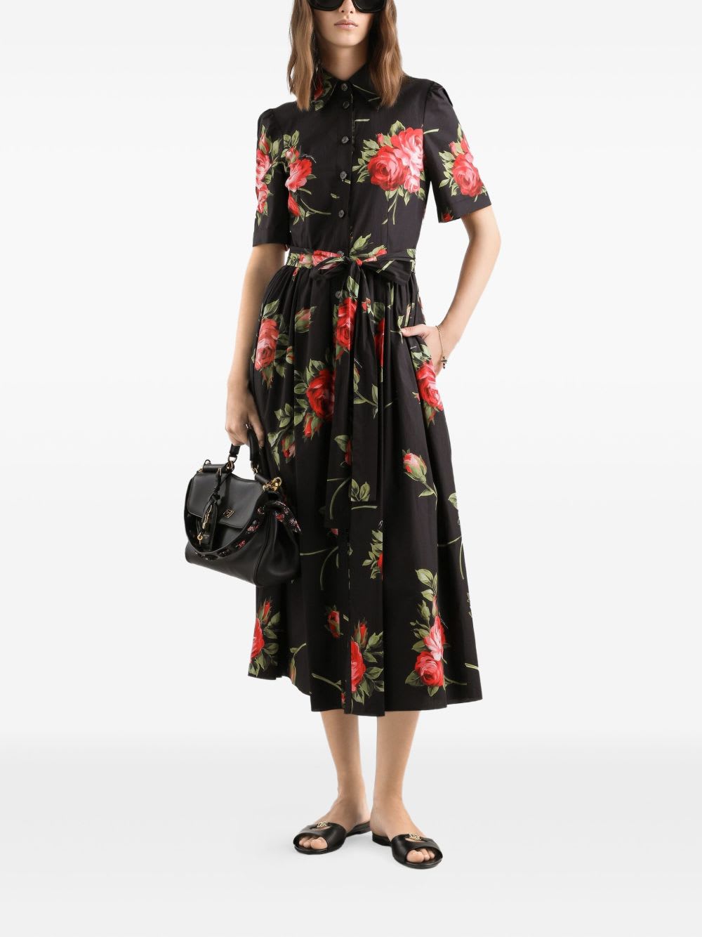 Dolce & Gabbana Belted Gathered Floral-print Cotton-poplin Midi Dress In Black