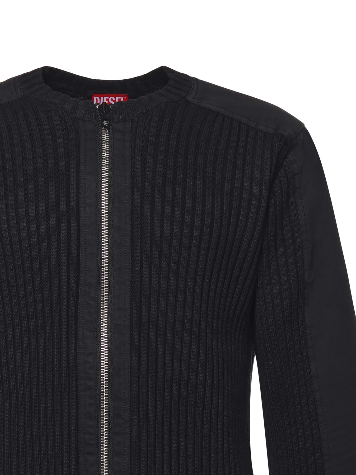 Diesel K-matty Black Crewneck Ribbed Knit Sweatshirt With Front Zip Closure In Cotton Man In Black