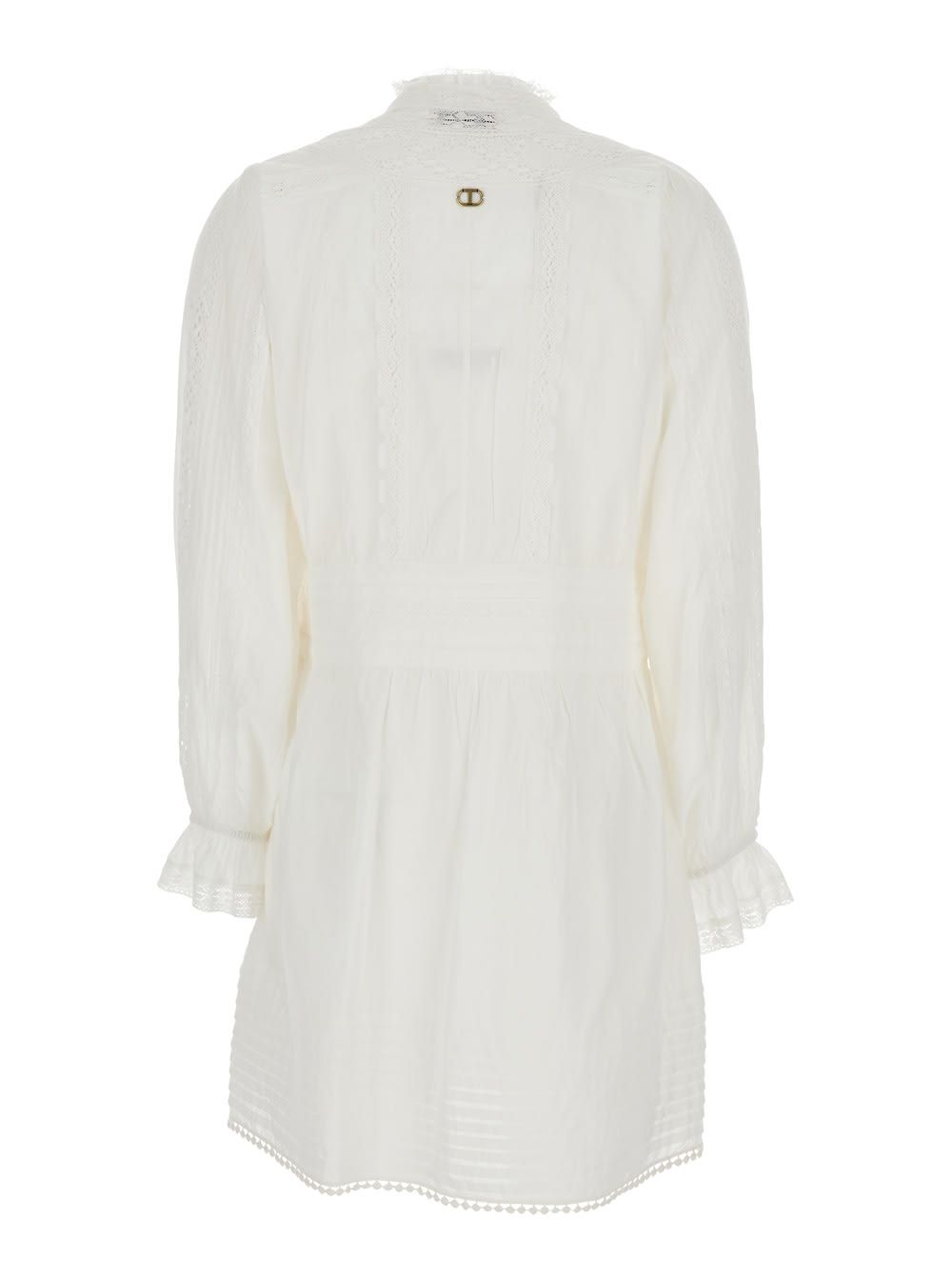 Twinset White Dress With Pleated Details And All-over Applied Embroidery In Cotton Woman In White