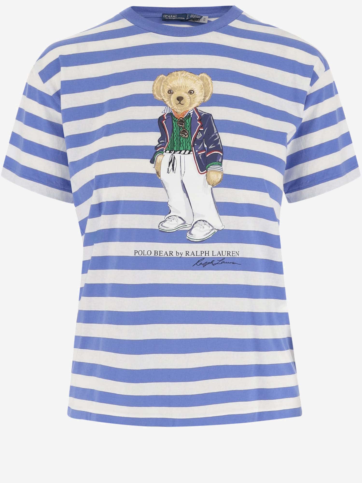 Shop Ralph Lauren Polo Bear Striped Cotton T-shirt In Blue