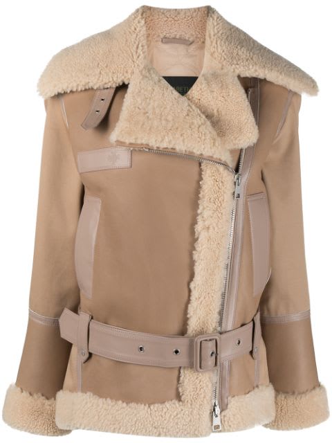 Mr & Mrs Italy Elizabeth Sulcers Capsule Cotton Drill, Shearling And Leather Biker Jacket For Woman