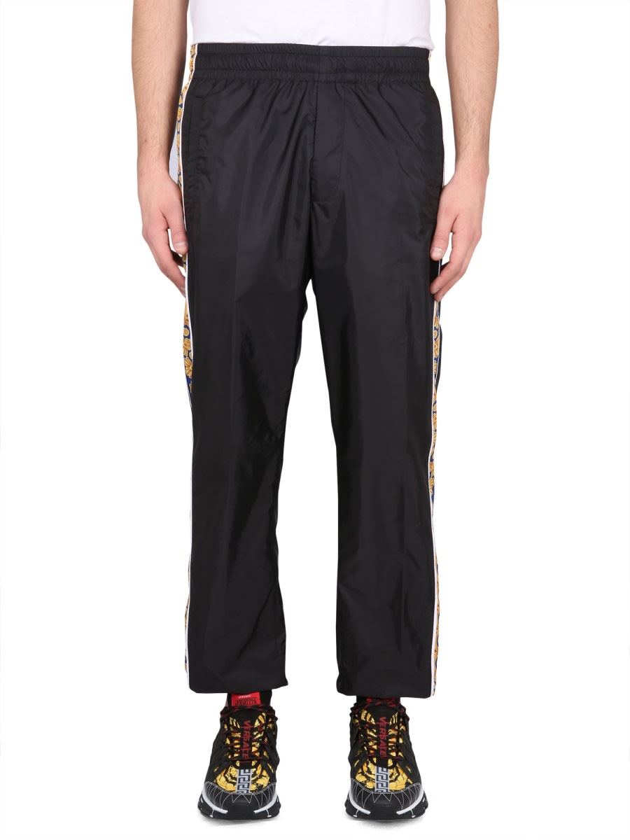 Versace Graphic-stripe Taffeta Track Pants In Black