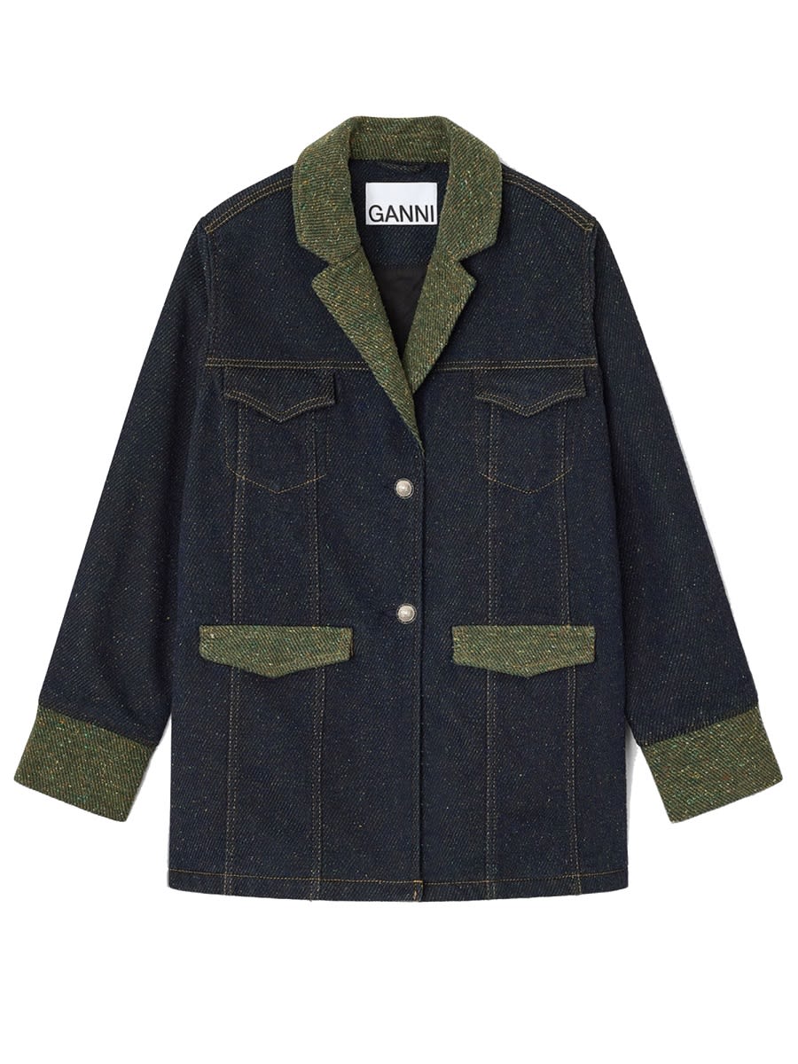 Ganni Cotton Denim Blazer In Gray