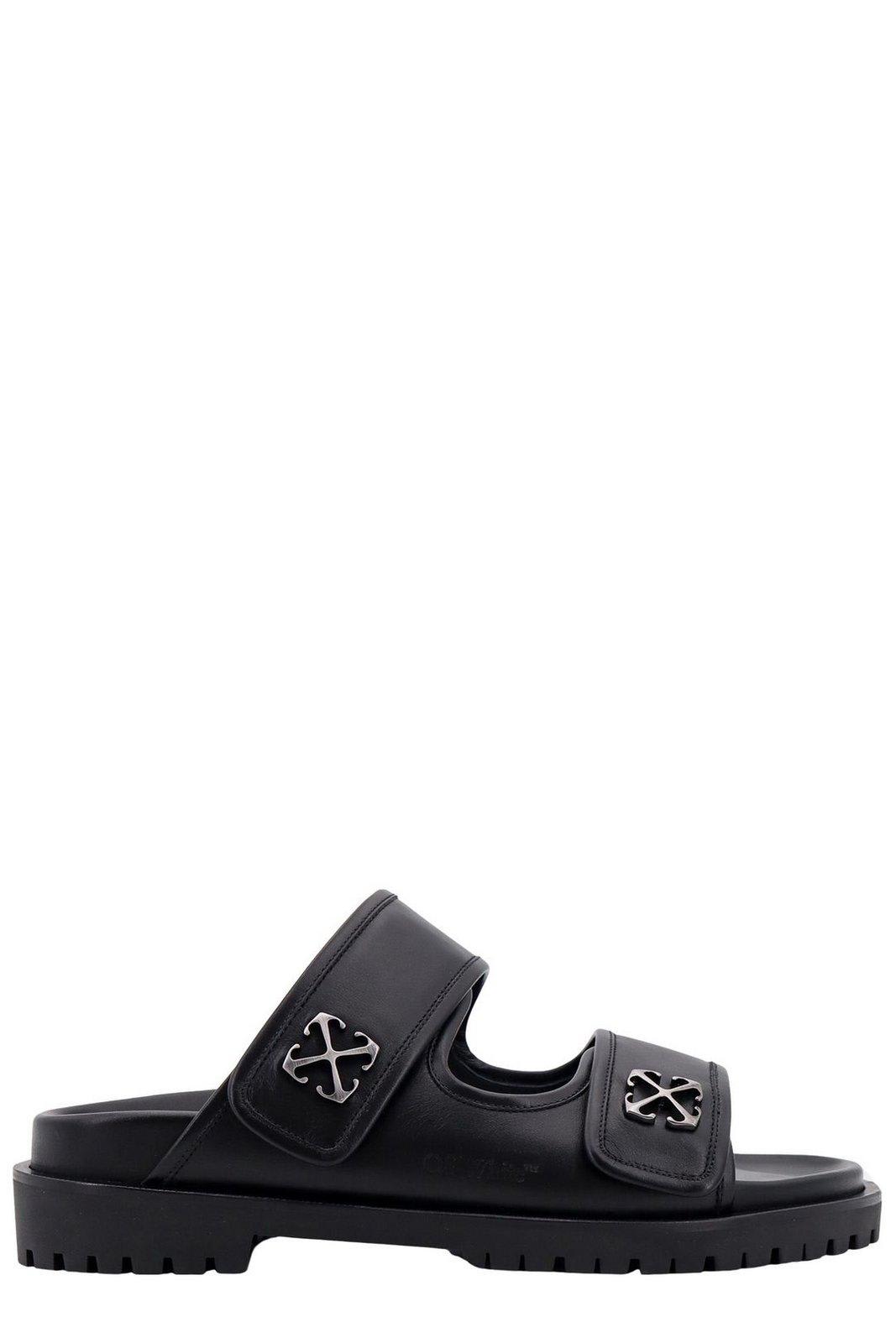 Shop Off-white Arrow Plaque Flat Sandals In Black Silver