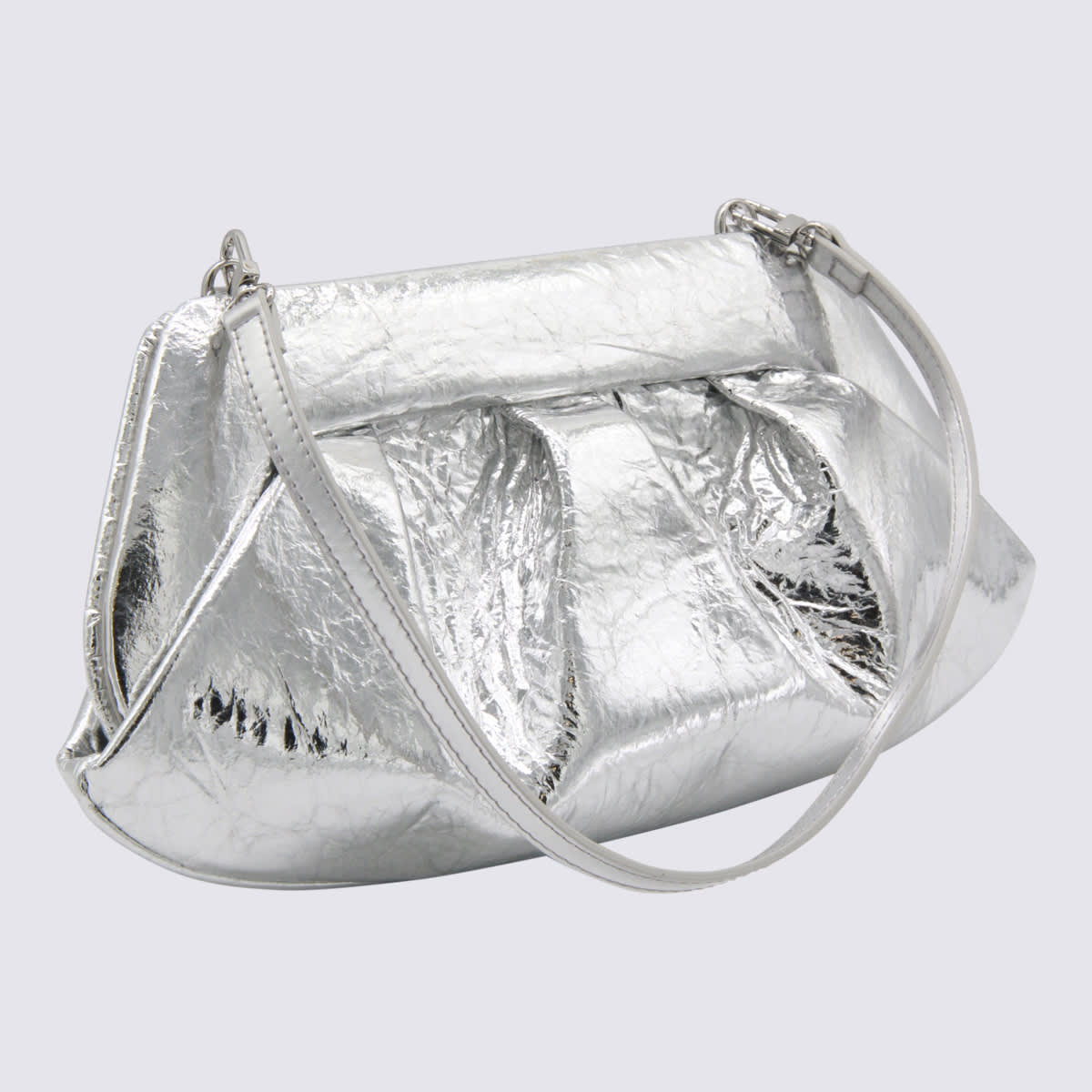 Themoirè Metallic Finish Structured Clutch Bag With Handle In Silver