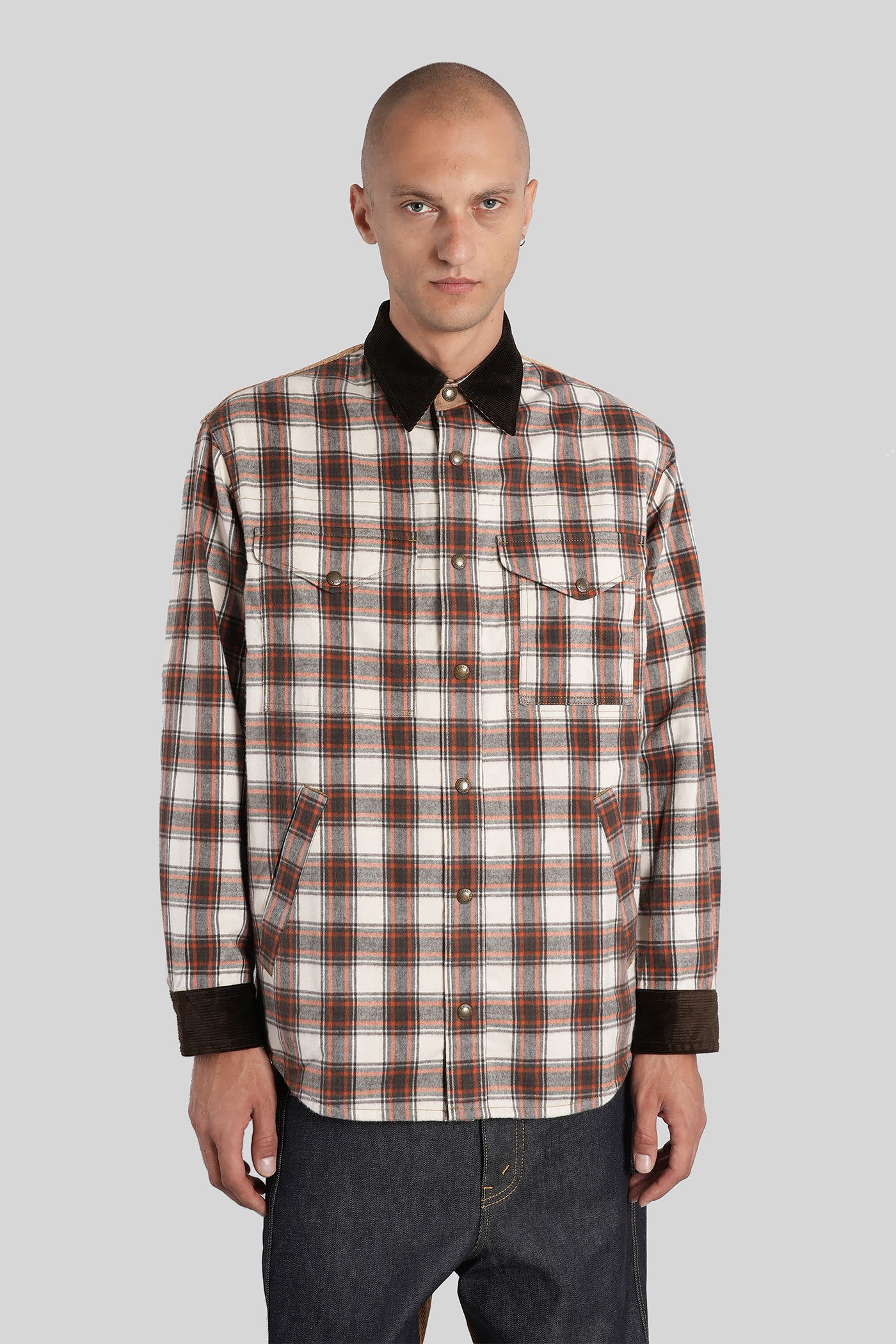 Junya Watanabe Checked Corduroy-paneled Overshirt In Brown