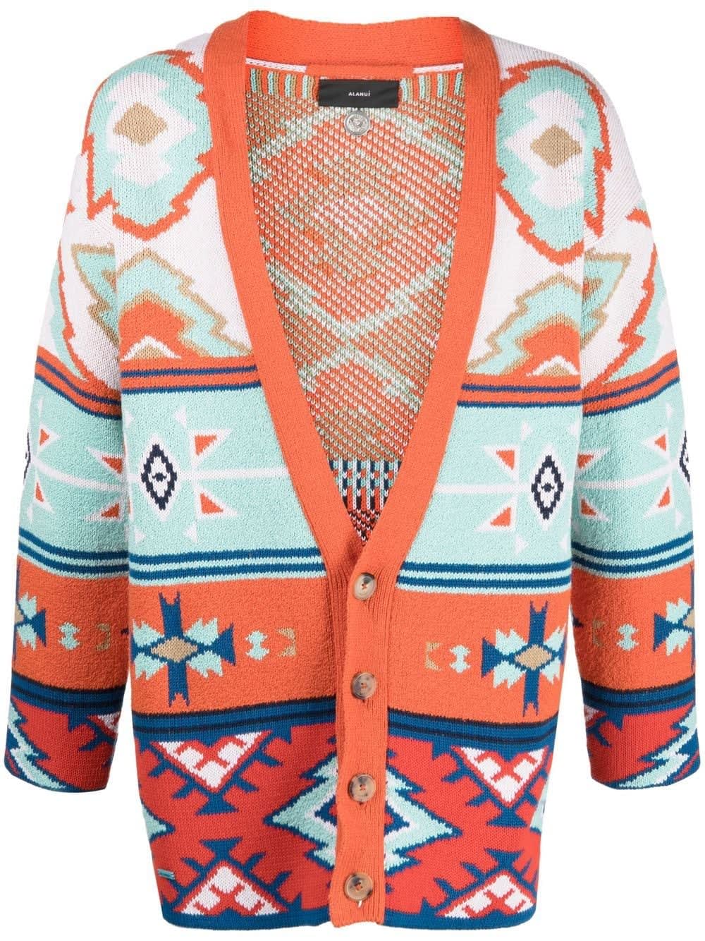 Alanui Jacquard Geometric V-neck Cardigan In Orange