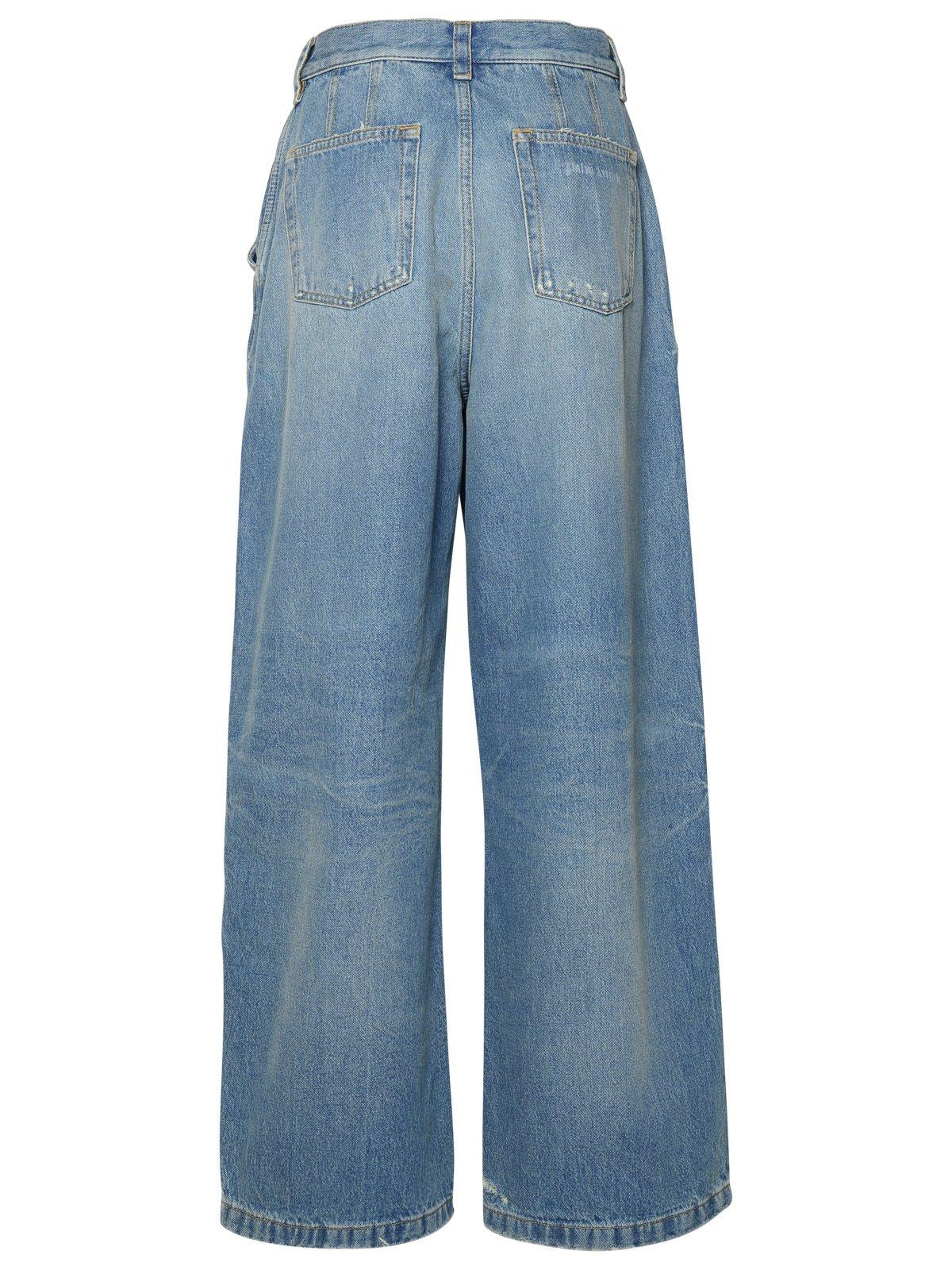 Shop Palm Angels Wide Leg Distressed Jeans In Blu