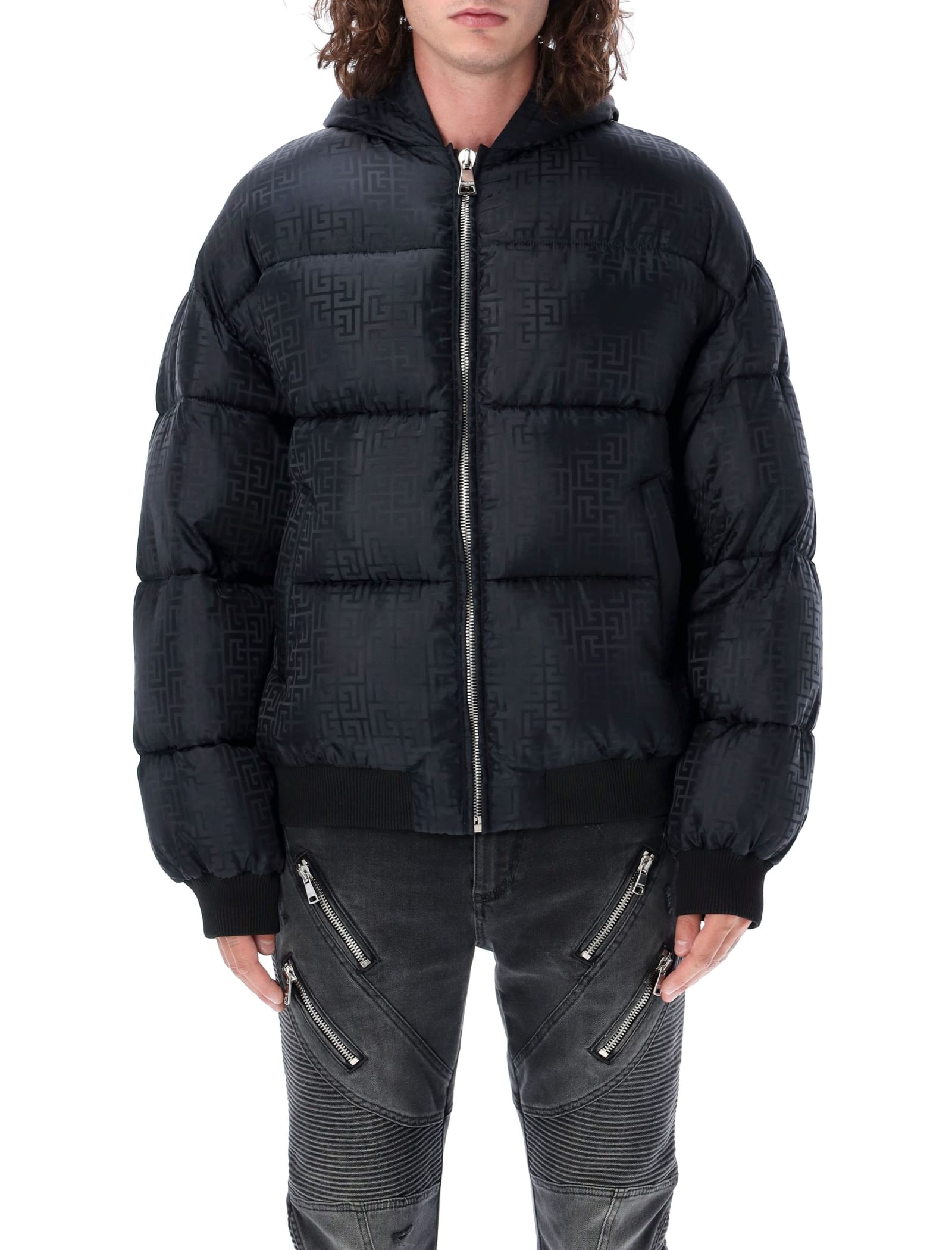 Shop Balmain Monogram Down Jacket In Nero