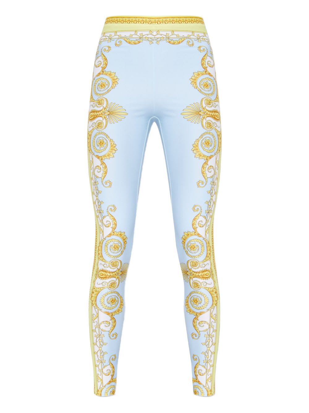 Versace Blue Leggings With All-over Geometric Print In Stretch Fabric Woman In Multi