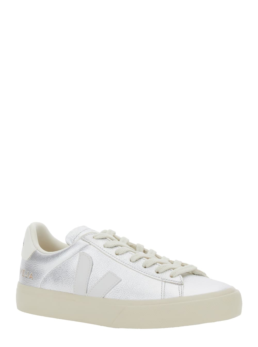 Veja Campo Metallic Low Top Sneakers With Logo Detail On The Side And Logo Lettering On The Heel In Leath In Silver