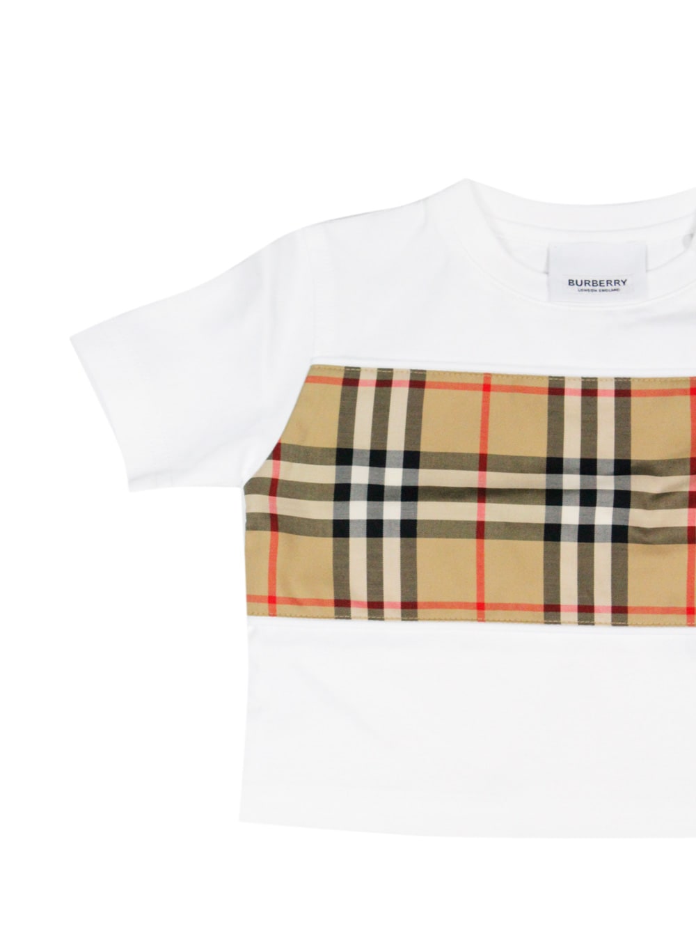 Shop Burberry Crew Neck T-shirt With Buttons On The Neck In Cotton Jersey With Classic Check Motif Application On  In White
