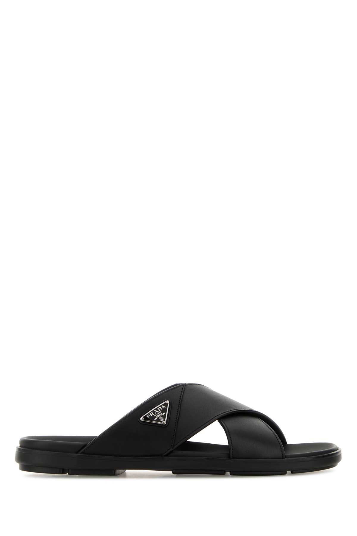 Prada Crisscross Logo-triangle Leather Sandals In Black