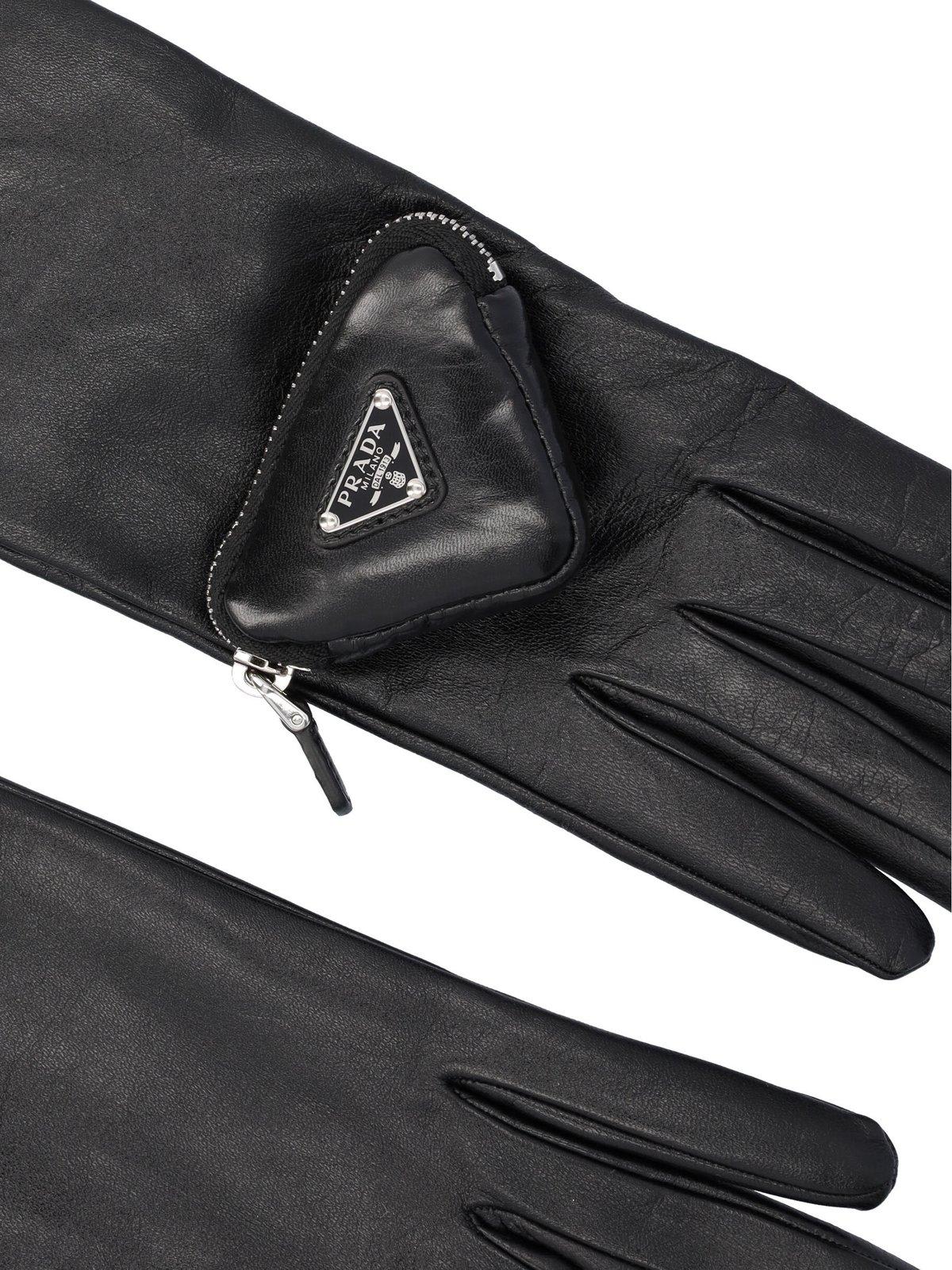 Shop Prada Triangle-logo Zipped Pouch Long Gloves In F0002