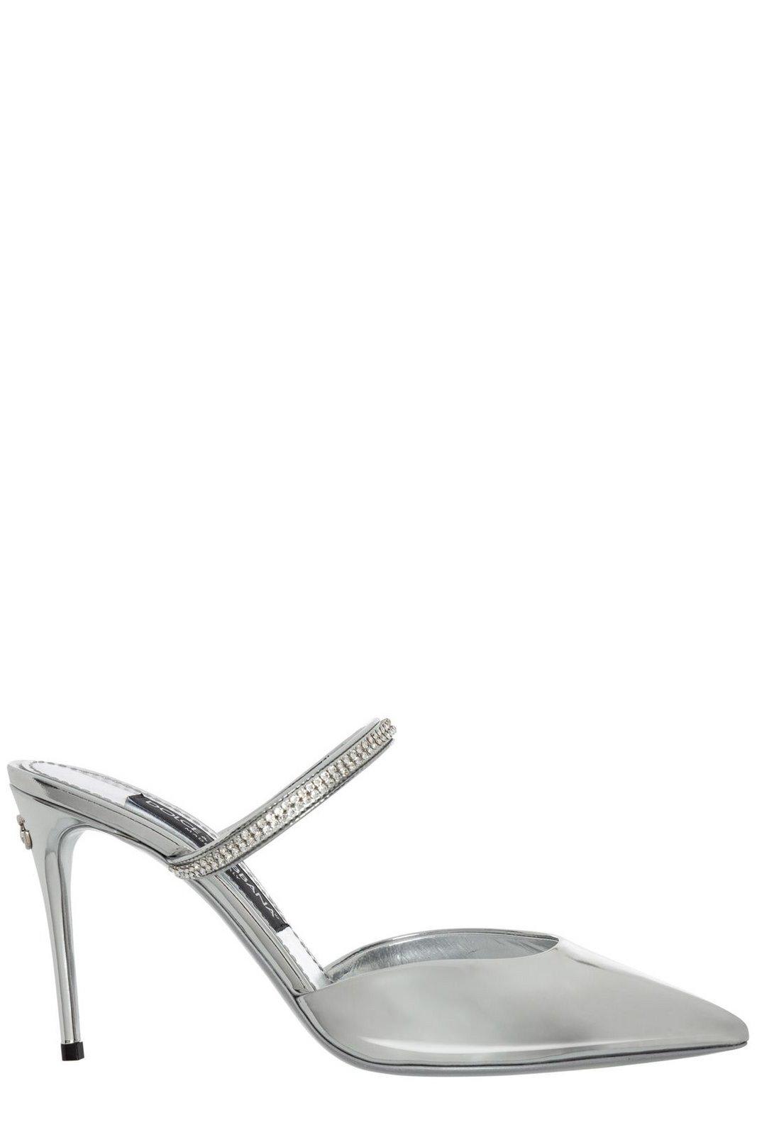Shop Dolce & Gabbana Embellished Pointed-toe Mules In Silver