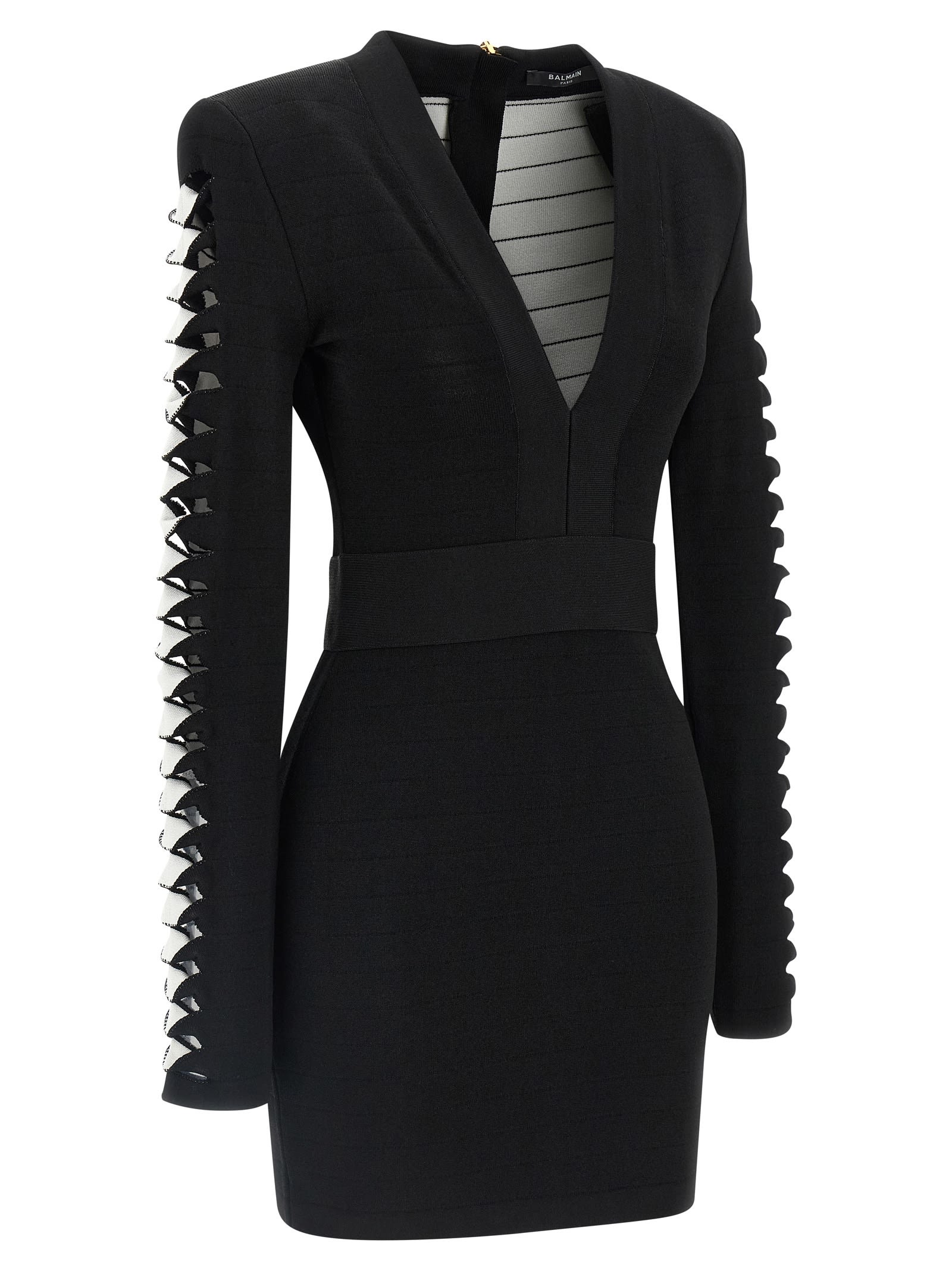 Balmain V-neckline Dress With Fitted Waist And Sleeves In Black
