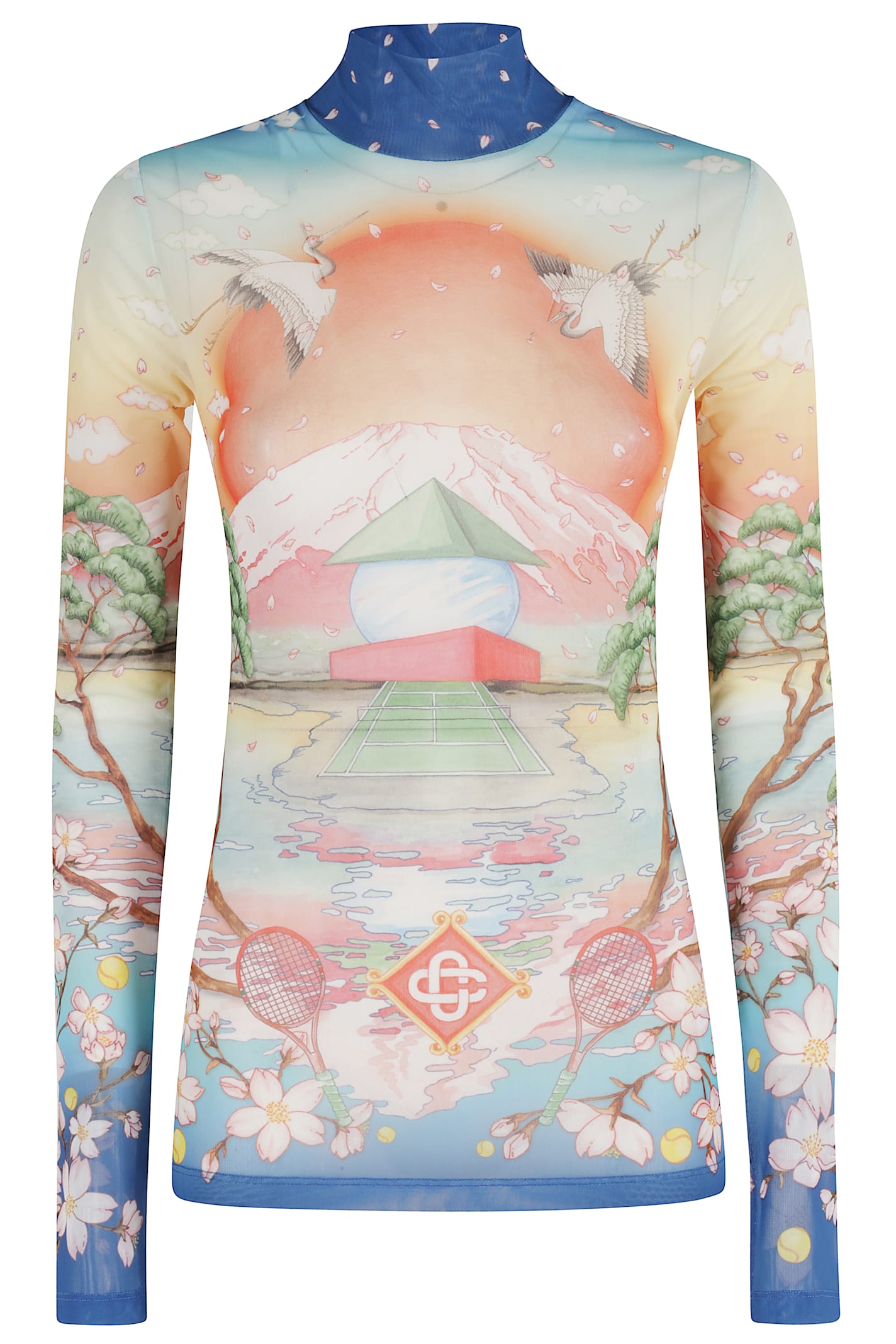 Casablanca High Neck Tulle Top With Multicolor Landscape Print In Multi