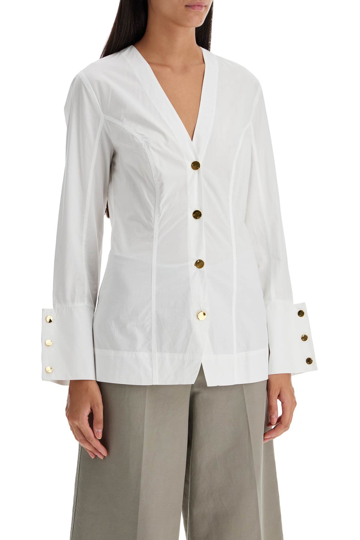 Shop Ganni V-neck Shirt With Collar In Bright White (white)