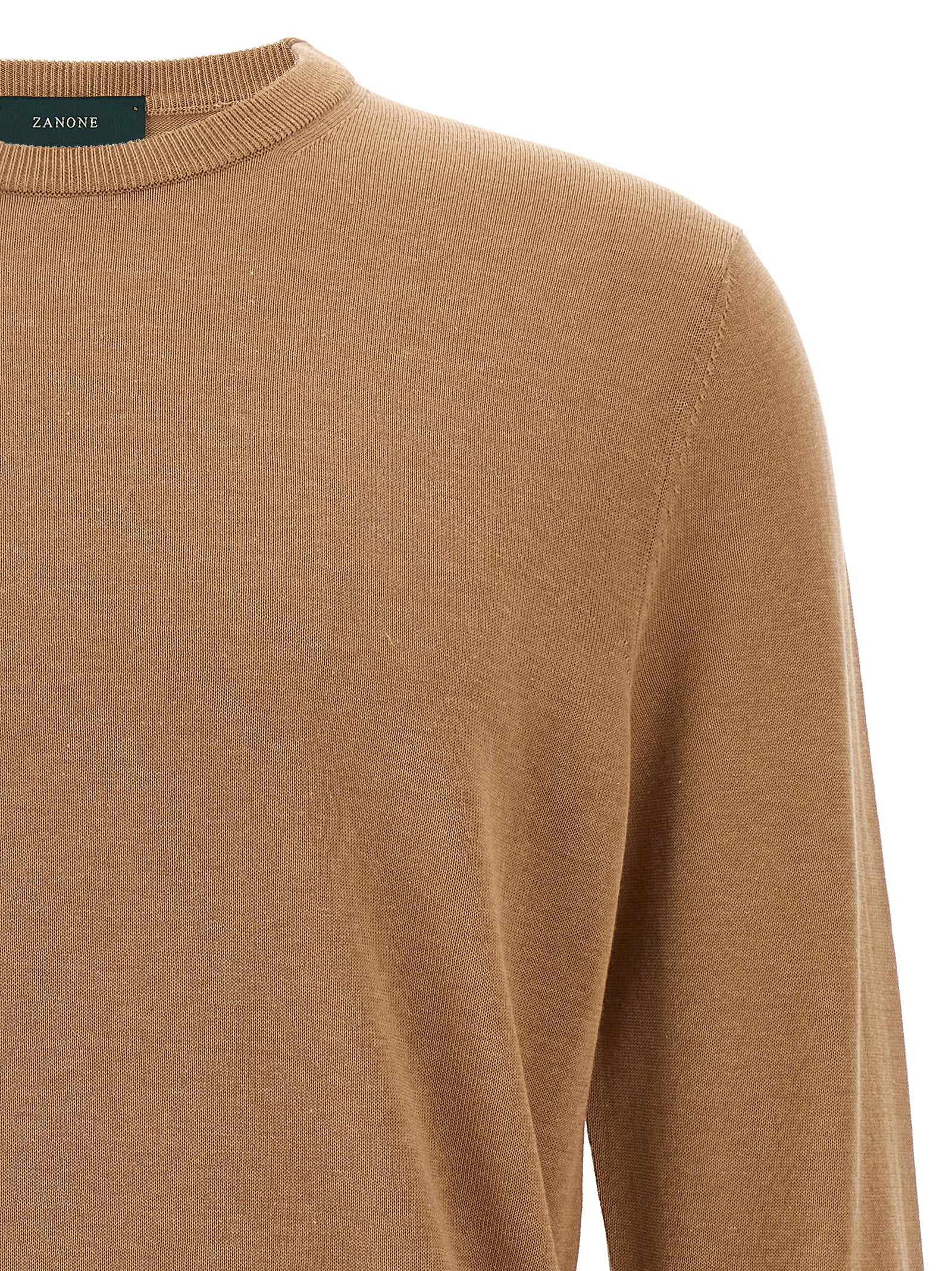 Zanone Crew Neck Cotton Sweater With Ribbed Cuffs In Brown