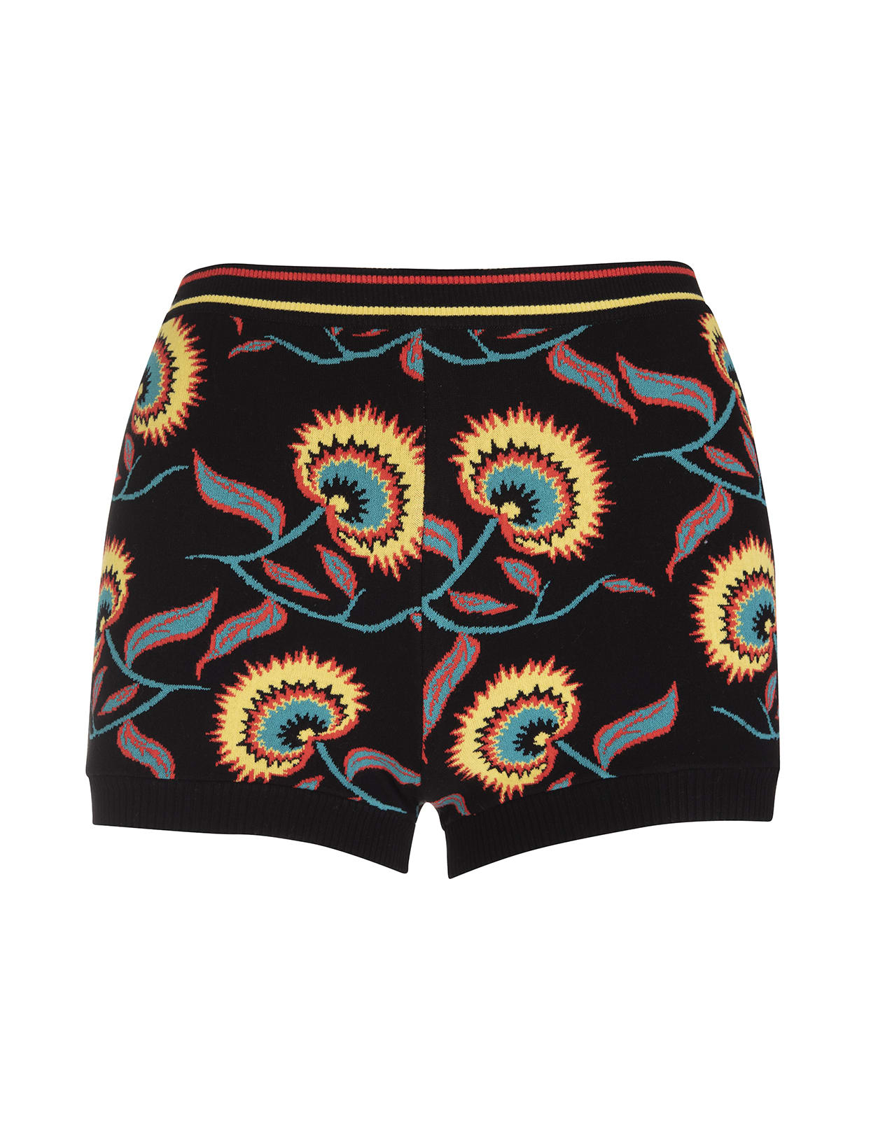 PACO RABANNE BLACK KNITTED SHORTS WITH FLORAL JACQUARD MOTIF