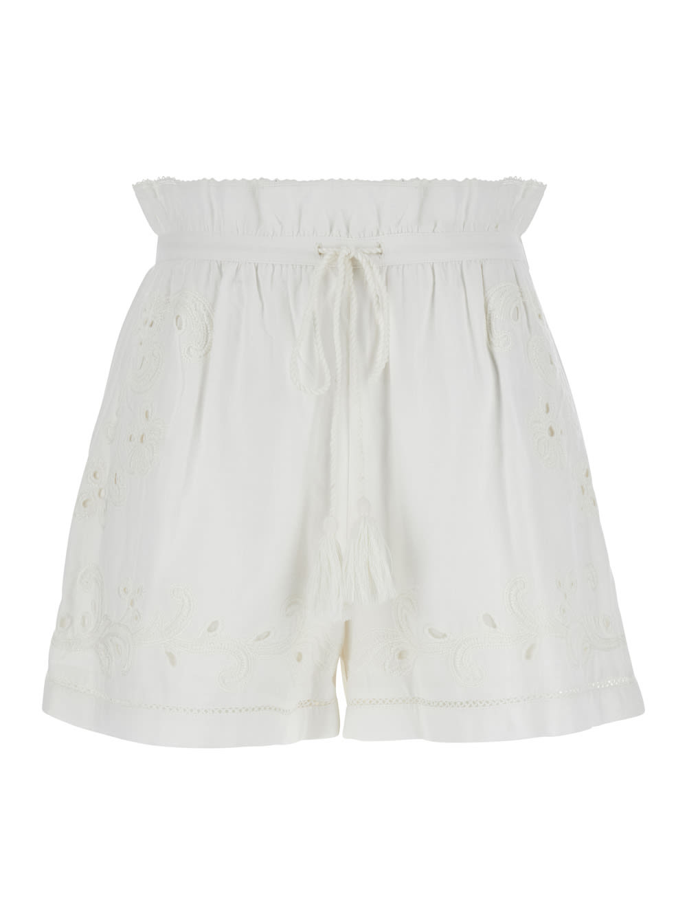 Shop Twinset White Shorts With Drawstring And Embroideries In Cotton And Linen Woman