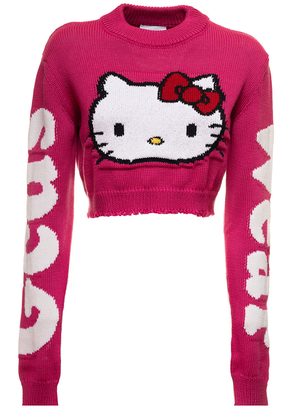 Fuxia Cropped Sweater In Wool Knit Blend With And Contrasting Jacquard Hello Kitty And Logo Gcds Woman