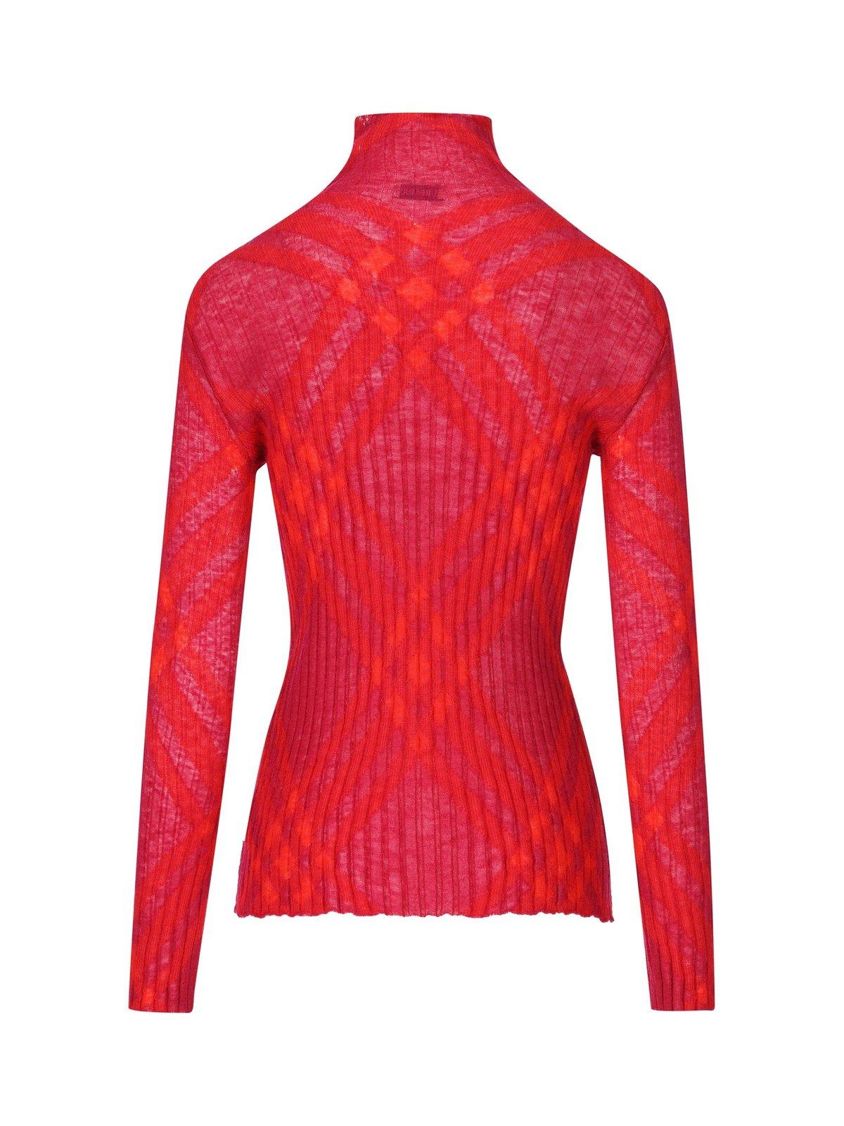 Shop Burberry Plaid-check High-neck Ribbed-knit Jumper In Pink/red