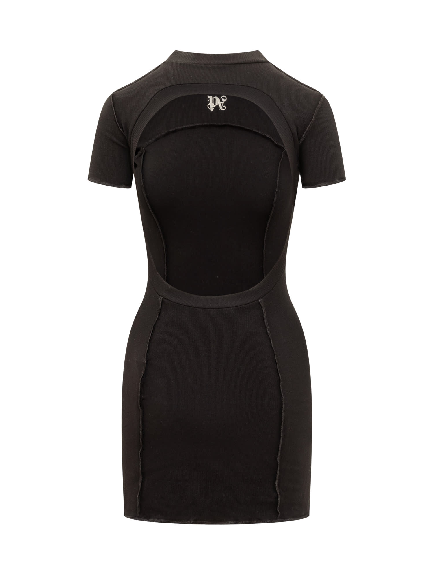 Palm Angels Monogram Ribbed Dress With Frayed Edges In Black