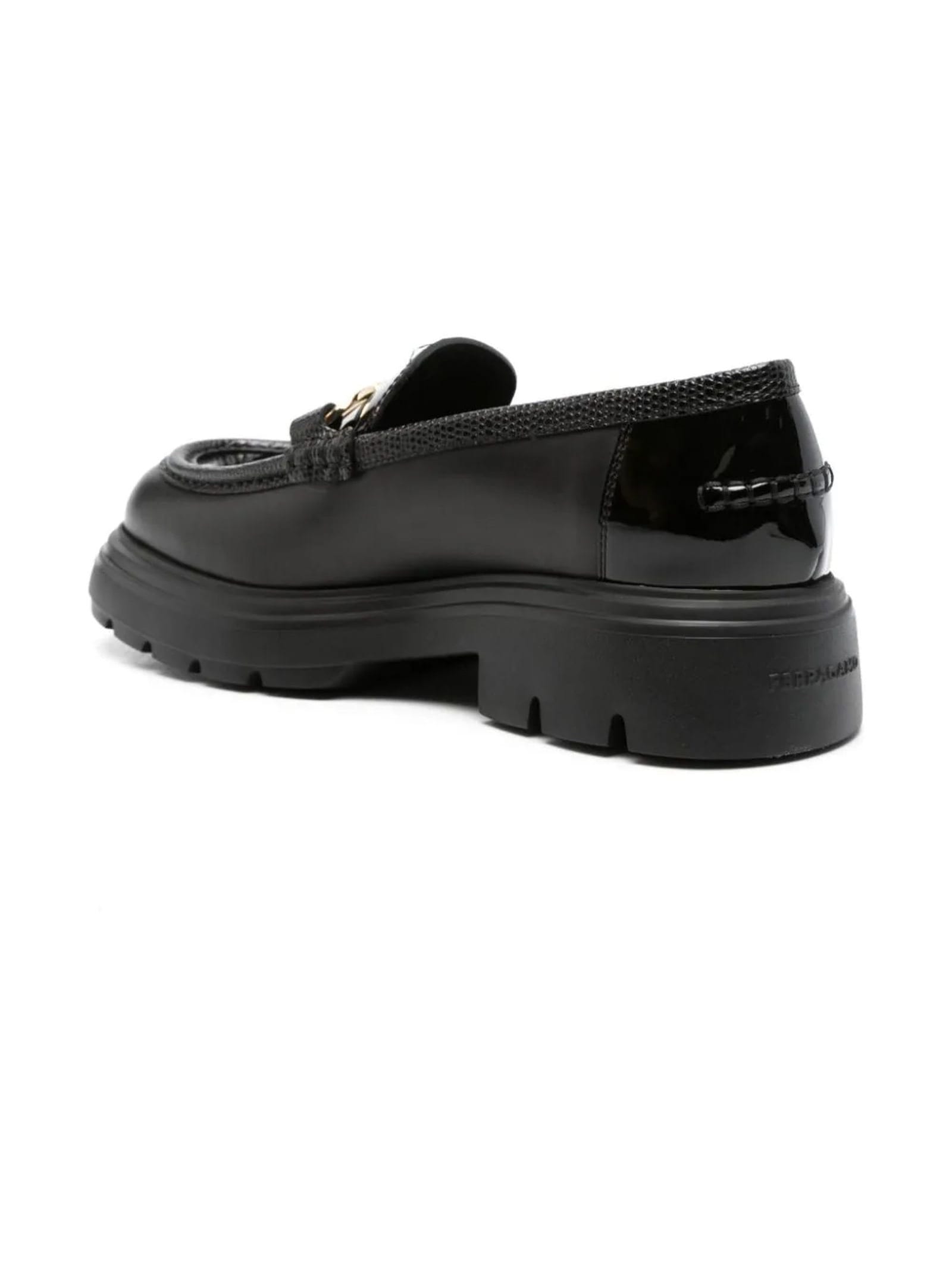 Shop Ferragamo Black Calf Leather Gancini Loafers