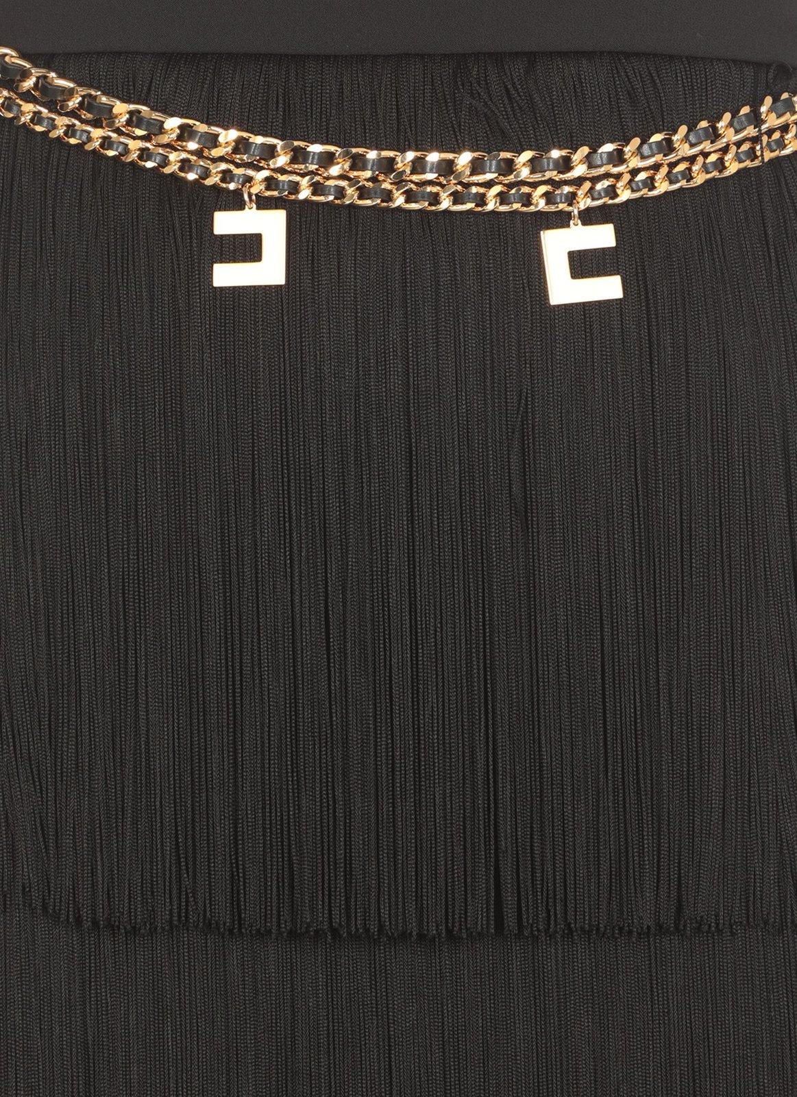 Shop Elisabetta Franchi Chain Detailed Fringed Mini Dress In Black