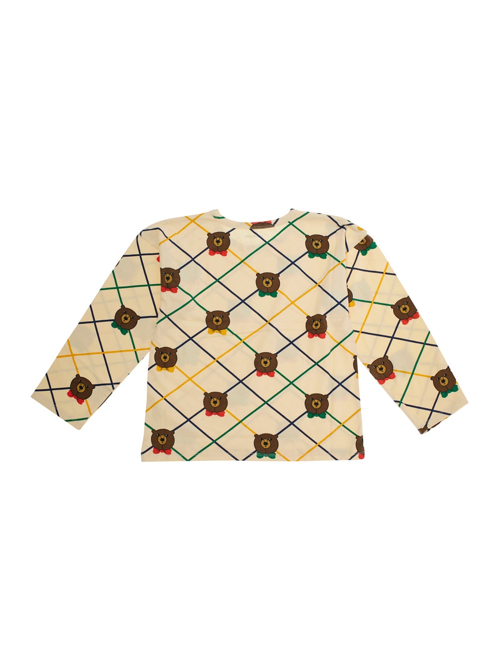 Mini Rodini Beige Long-sleeve T-shirt With All-over Check Motif And Bear Print In Cotton Girl In Multi