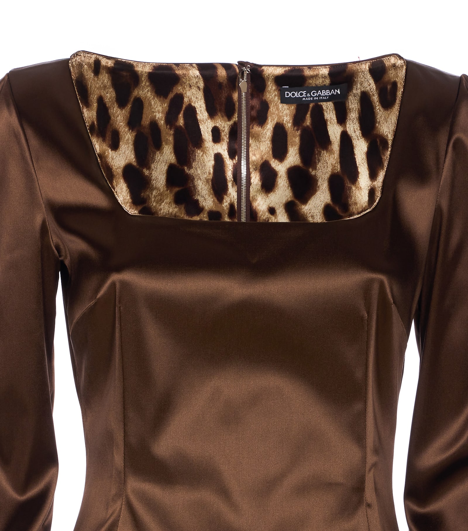 Dolce & Gabbana Long Sleeve Midi Dress With Animal Print Detail In Brown