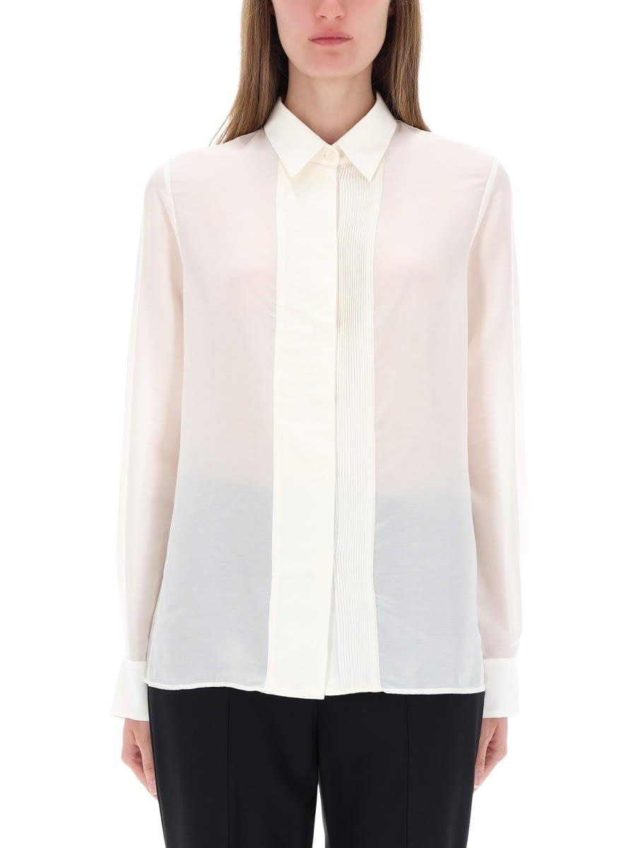 Hugo Boss Sheer Long Sleeve Top With Buttoned Cuffs In White