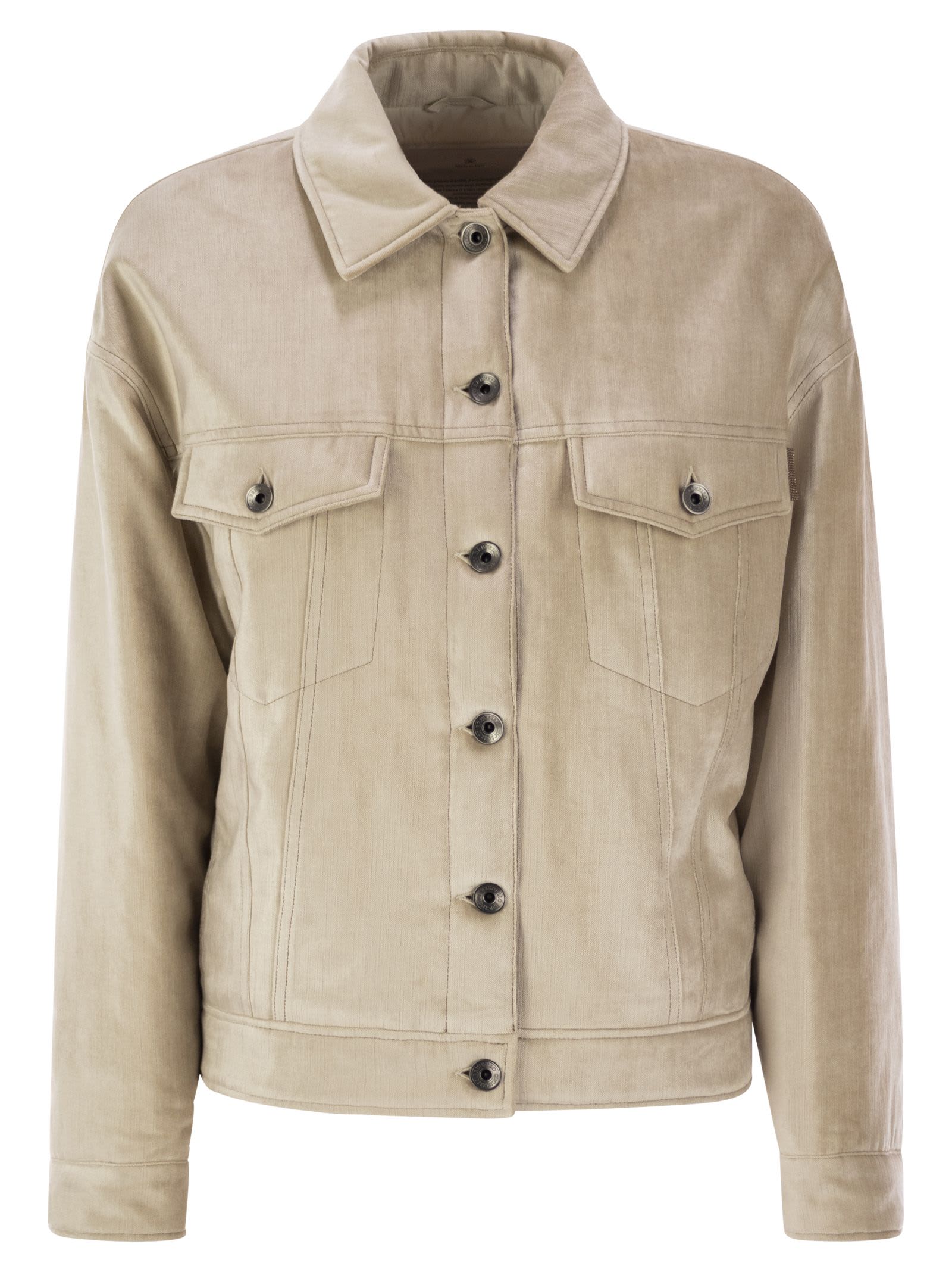 Shop Brunello Cucinelli Four-pocket Jacket In Cotton And Viscose Velvet Sleek With Thermore® Padding And Shiny Tab In Light Beige