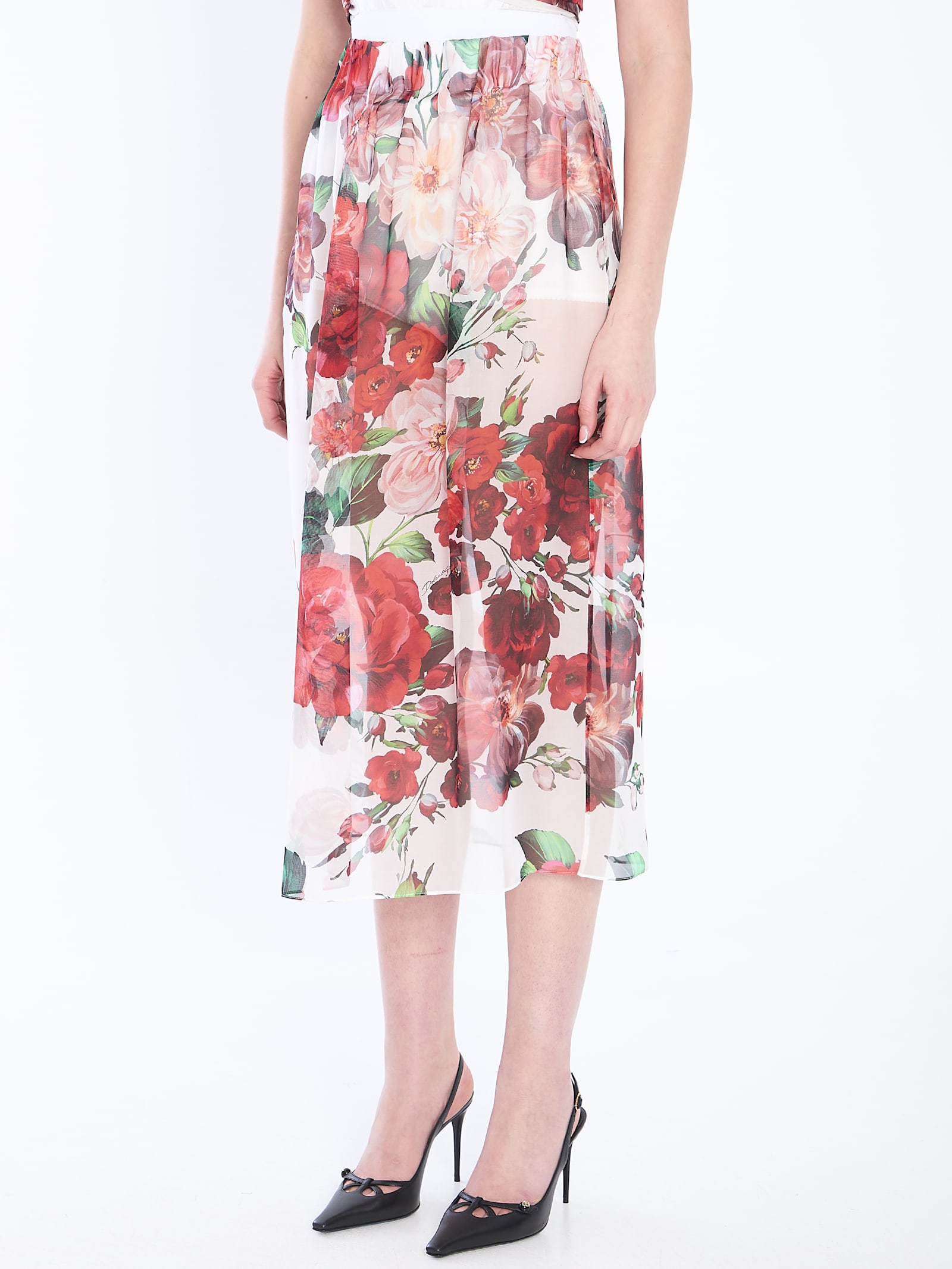Dolce & Gabbana Multicolor Skirt With All-over Floral Motif In Silk Woman In White