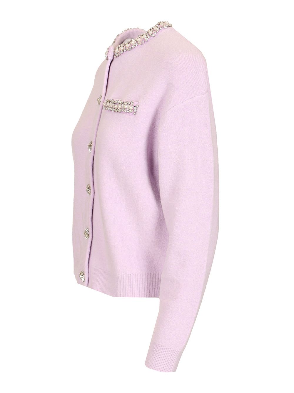Self-portrait Lilac Crystal-trim Cardigan With Round Neckline In Pink