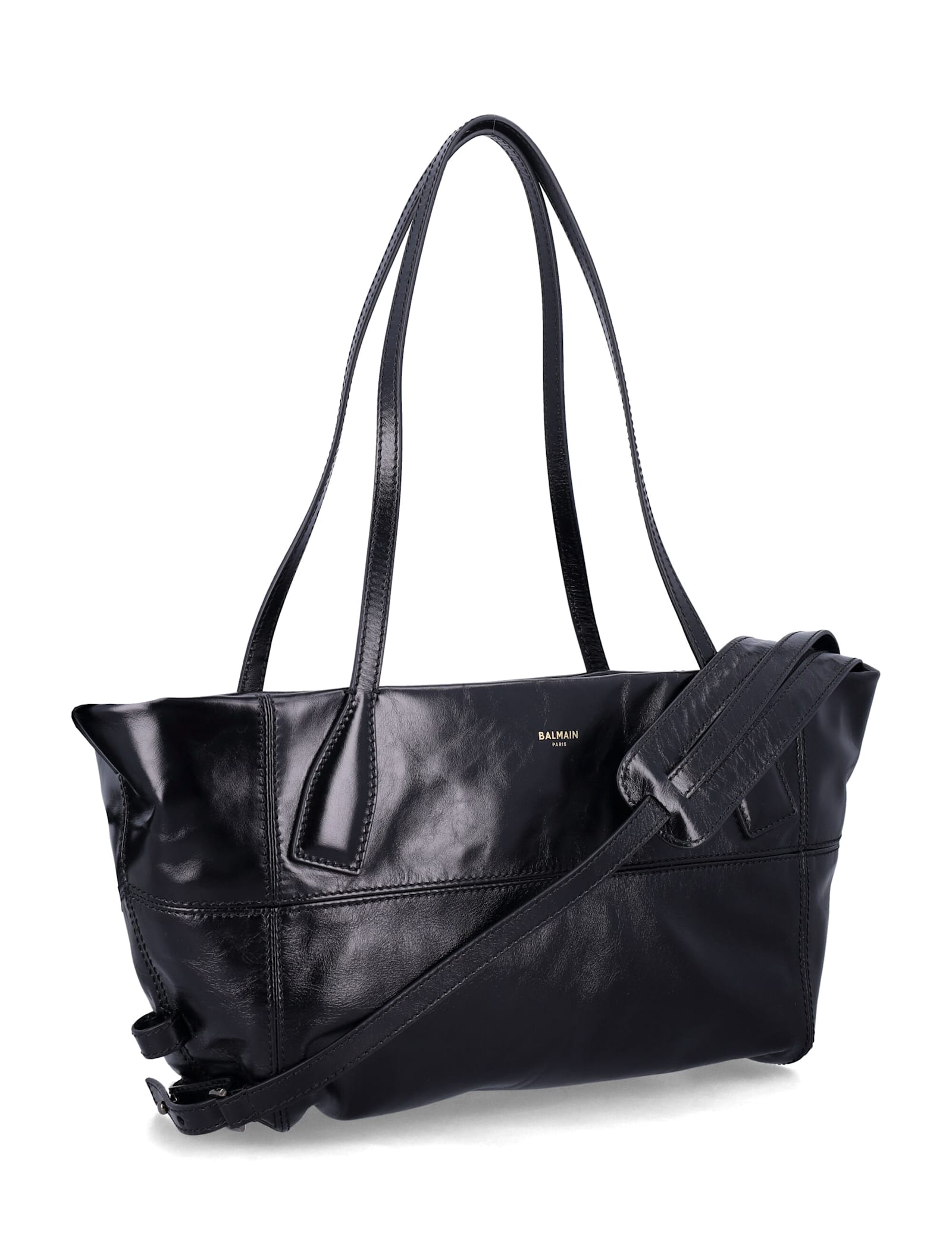 Balmain Black Leather Shopper Bag With Shoulder Strap In Black