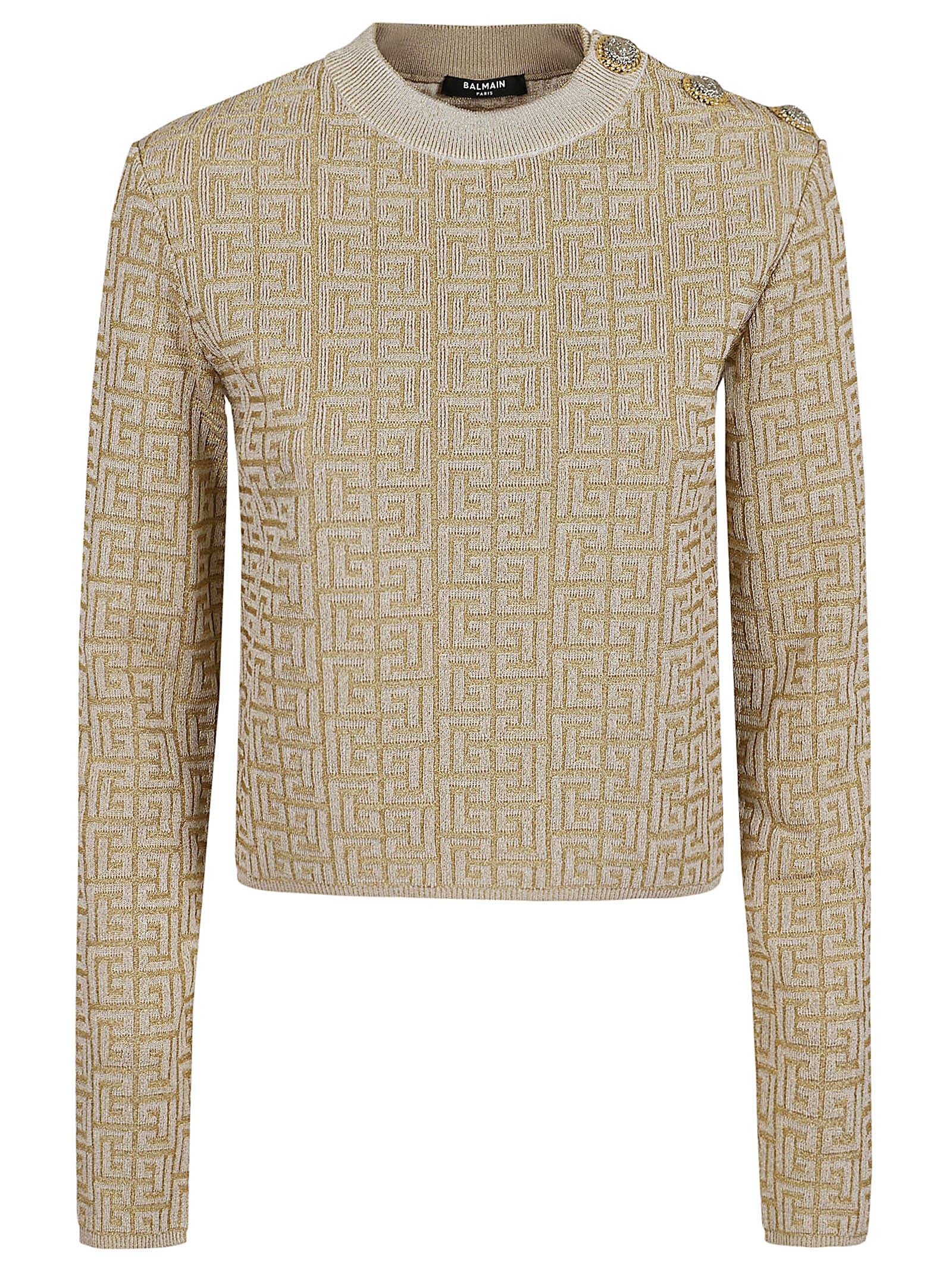 Shop Balmain Ls Glittered Monogram Knit Top In Gfm Beige Or