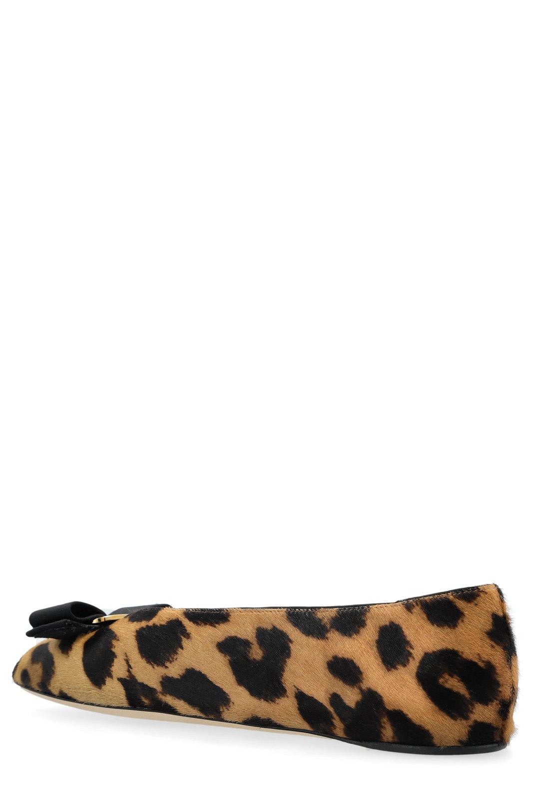 Ferragamo Leopard Printed Vara Bow Ballet Flat In Brown