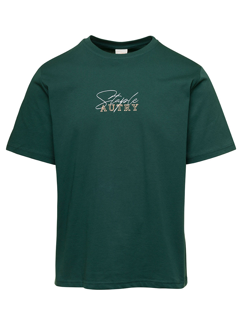 Shop Autry Green Crewneck T-shirt With Logo X Staple Print In Cotton Woman