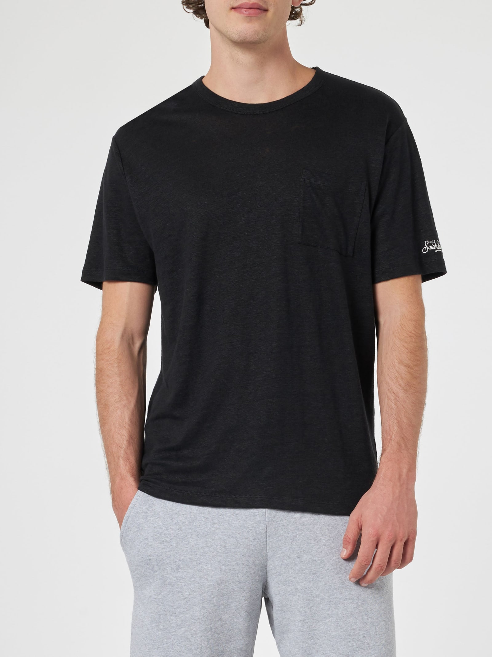 Shop Mc2 Saint Barth Man Black Linen Jersey T-shirt Ecstasea With Pocket