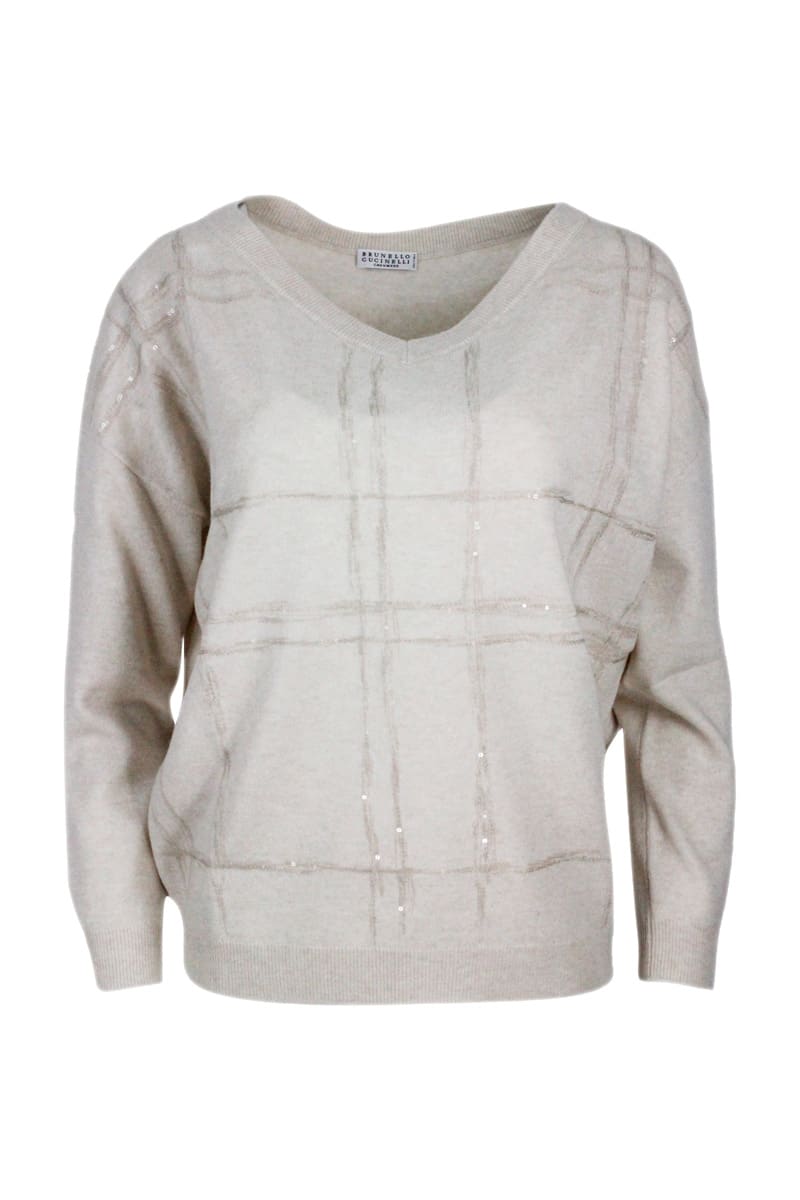 BRUNELLO CUCINELLI LIGHTWEIGHT V-NECK LONG-SLEEVED OVERSIZED SWEATER WITH WINDOW MOTIF EMBELLISHED WITH MICRO-SEQUINS I