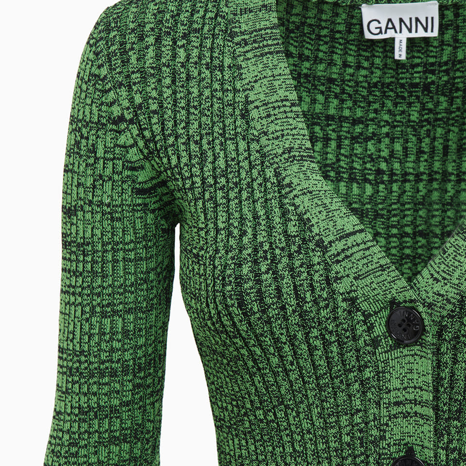 Ganni Green Cropped Melange Knit Cardigan |